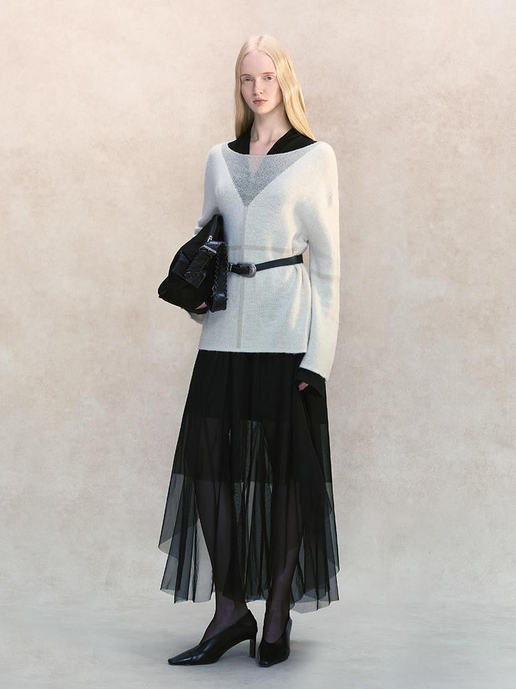 AnnoMundi Sheer Knit Shadow V-neck Wool Blend Loose Fit Women&