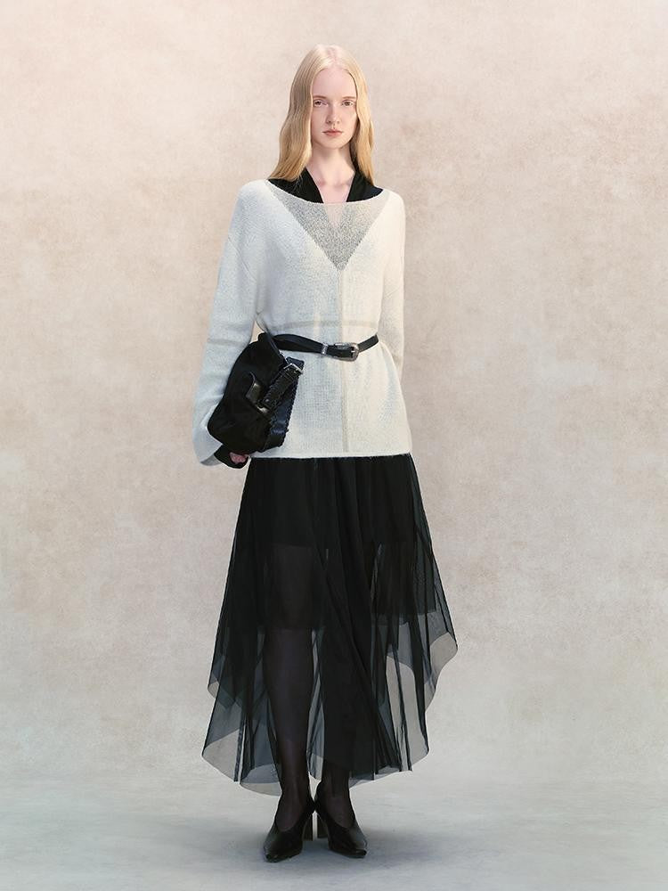 AnnoMundi Sheer Knit Shadow V-neck Wool Blend Loose Fit Women&
