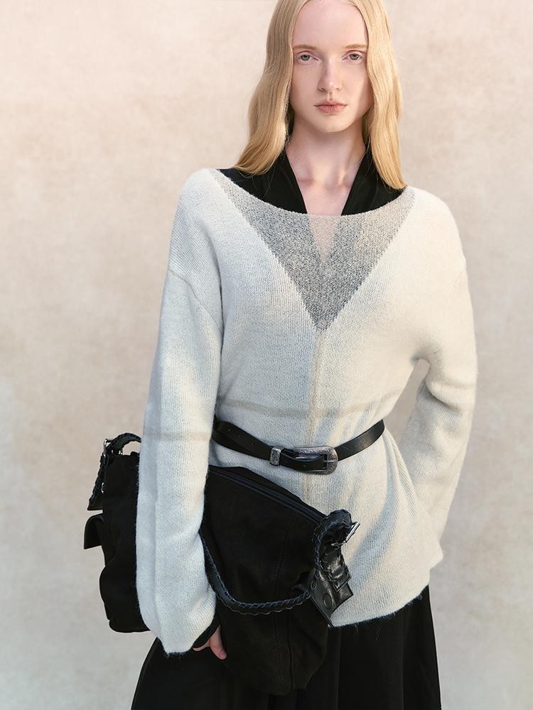 AnnoMundi Sheer Knit Shadow V-neck Wool Blend Loose Fit Women&