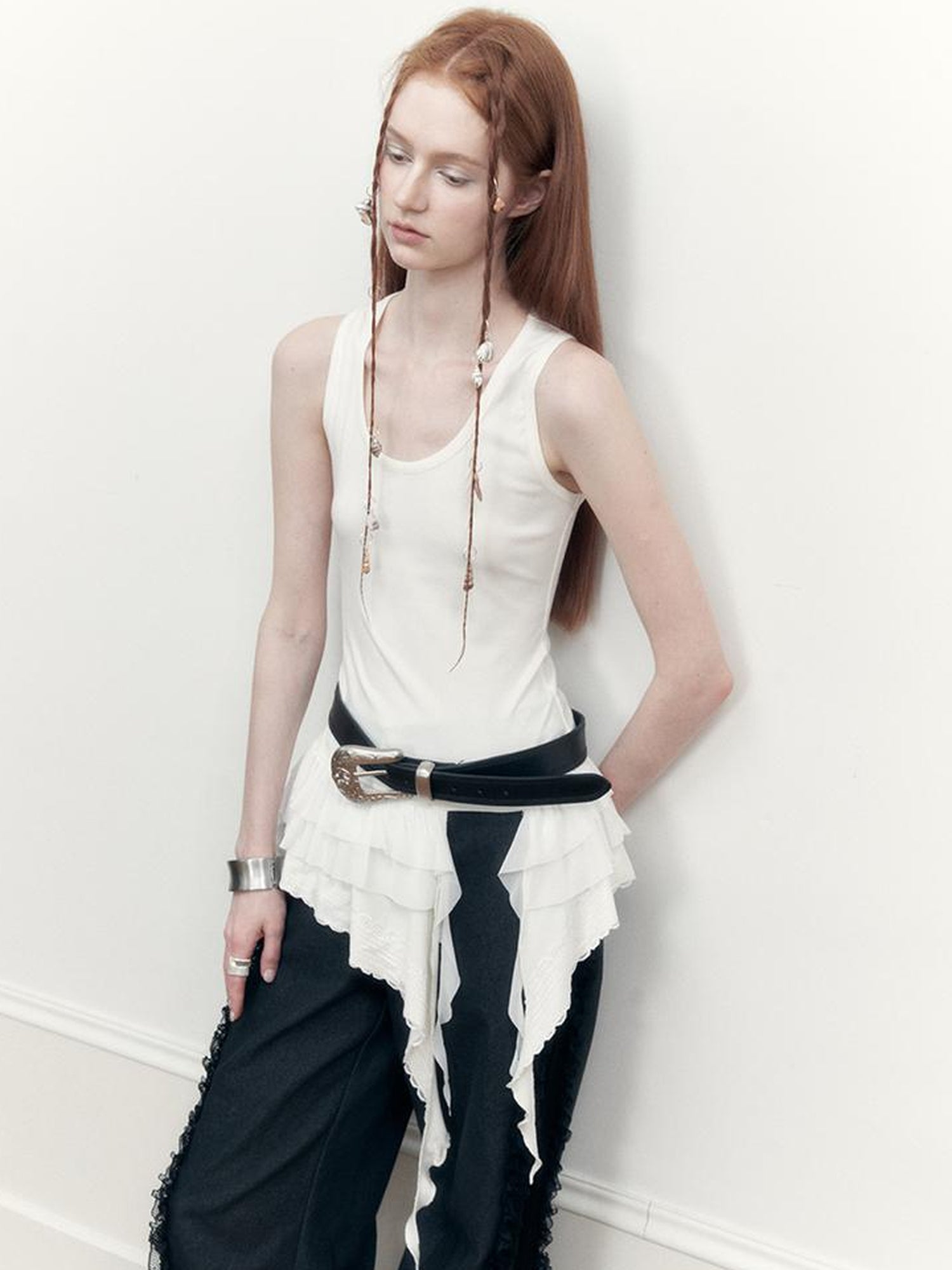 AnnoMundi Sheer Lace Trimmed Layered Mesh Camisole V-Neck T-Shirt Long-Sleeve