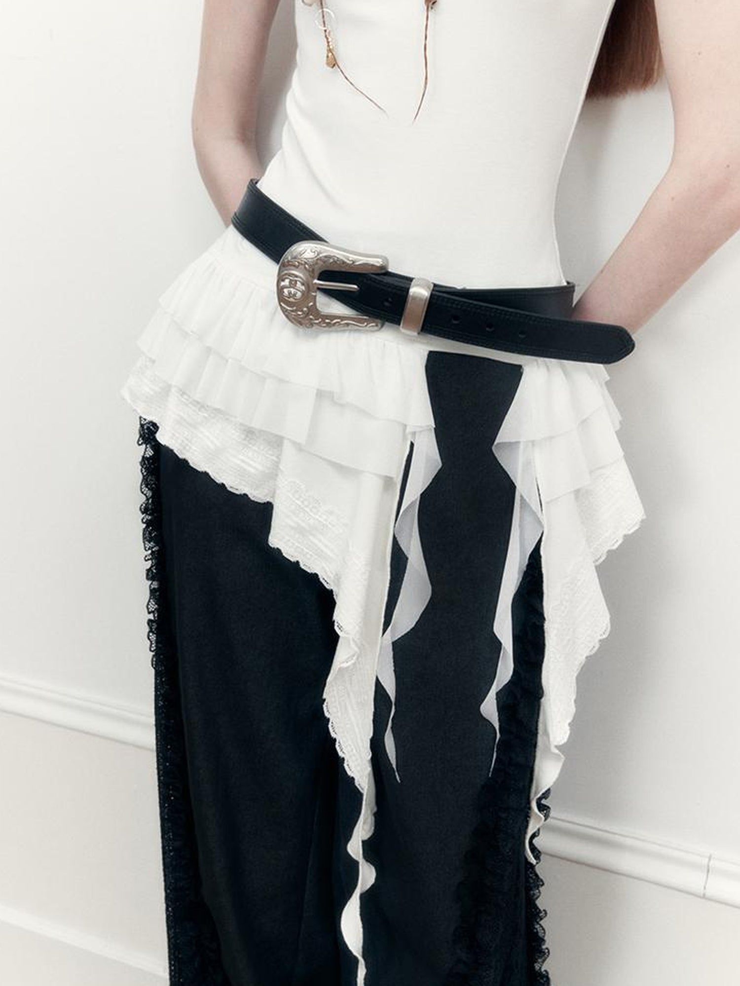 AnnoMundi Sheer Lace Trimmed Layered Mesh Camisole V-Neck T-Shirt Long-Sleeve