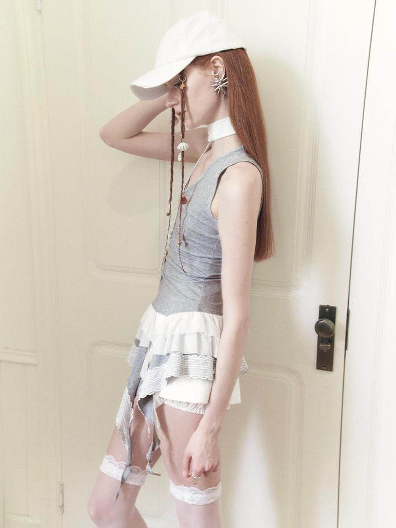 AnnoMundi Sheer Lace Trimmed Layered Mesh Camisole V-Neck T-Shirt Long-Sleeve