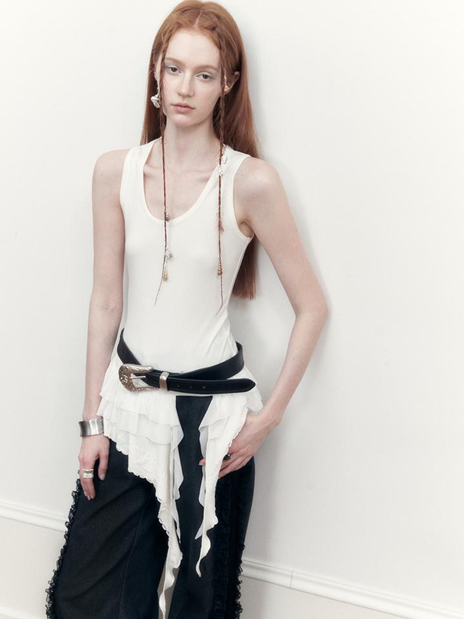 AnnoMundi Sheer Lace Trimmed Layered Mesh Camisole V-Neck T-Shirt Long-Sleeve