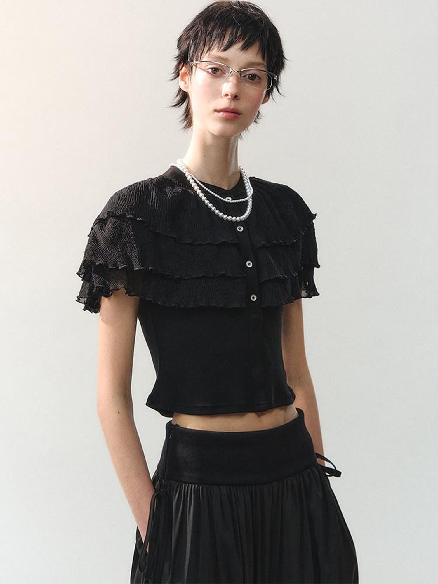AnnoMundi Sheer Layered Lace Trim Vintage Shawl Style Crop Women&