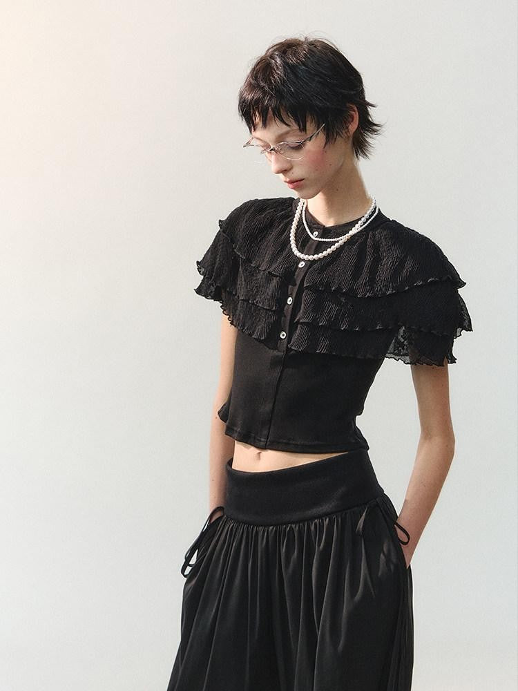 AnnoMundi Sheer Layered Lace Trim Vintage Shawl Style Crop Women&
