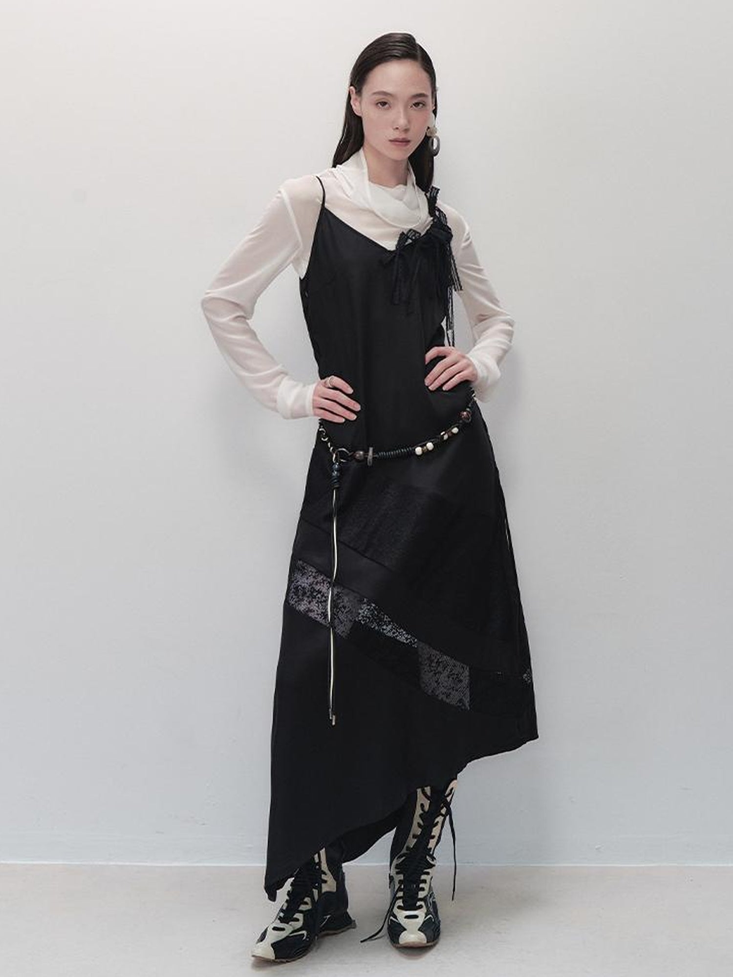 AnnoMundi Sheer Pearl Chiffon French Top V-Neck T-Shirt Long Sleeve