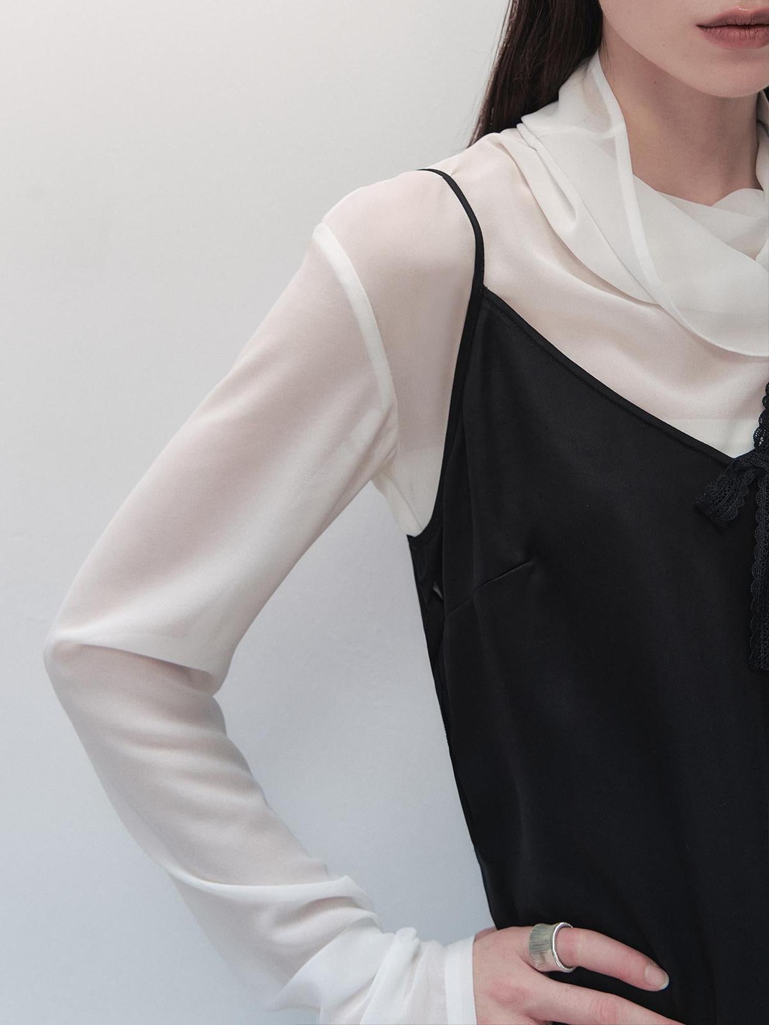 AnnoMundi Sheer Pearl Chiffon French Top V-Neck T-Shirt Long Sleeve