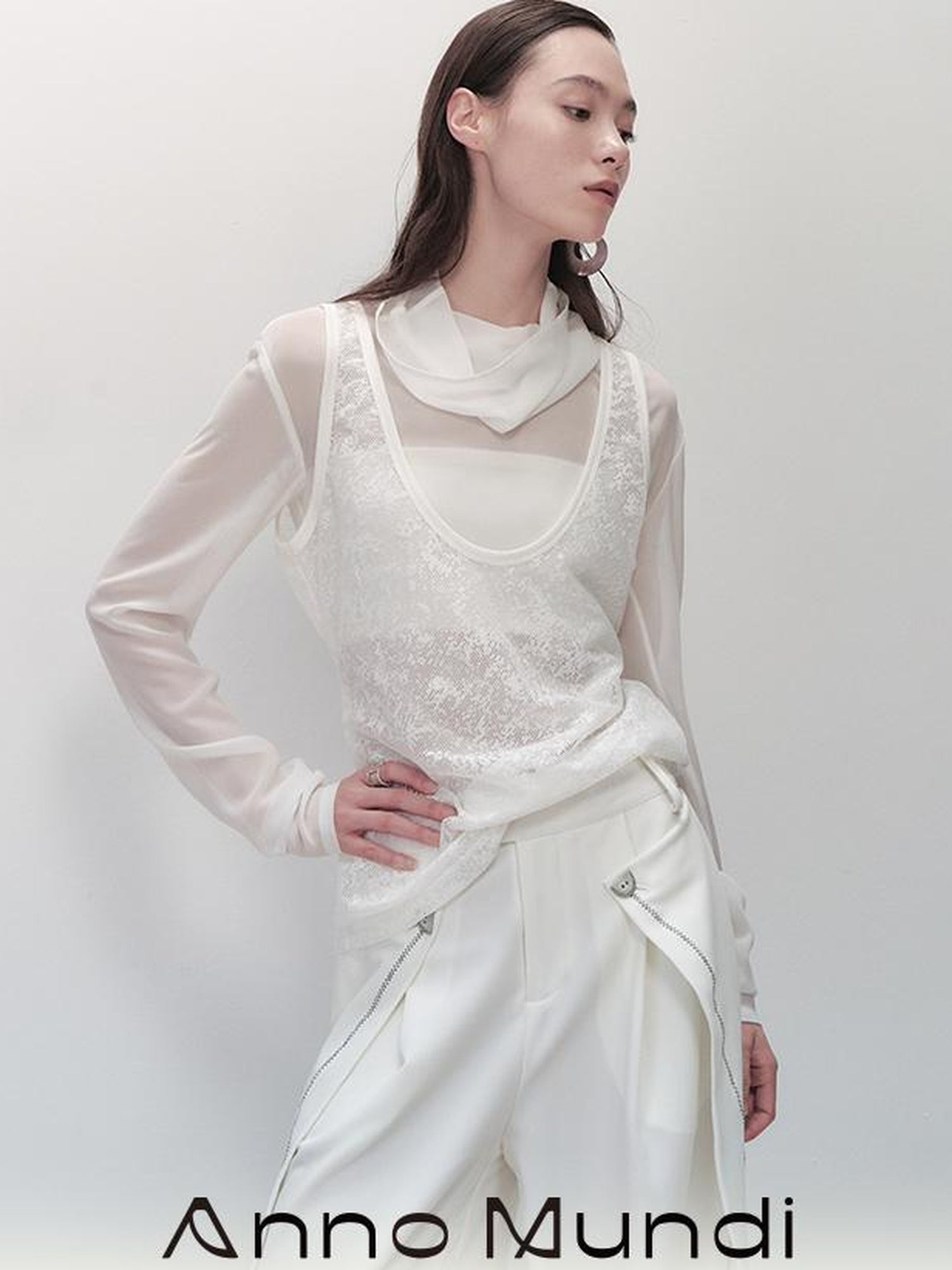 AnnoMundi Sheer Pearl Chiffon French Top V-Neck T-Shirt Long Sleeve