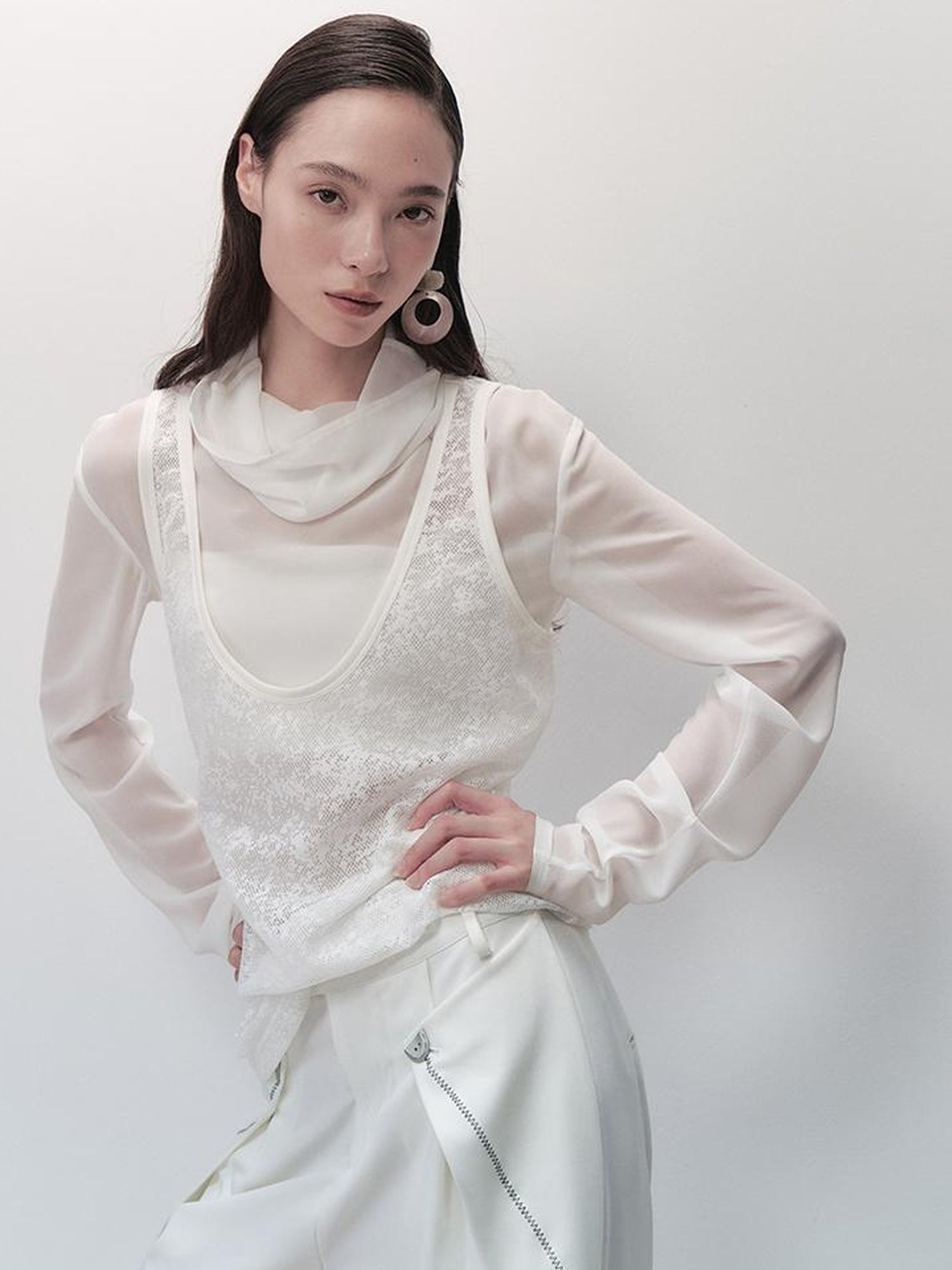 AnnoMundi Sheer Pearl Chiffon French Top V-Neck T-Shirt Long Sleeve