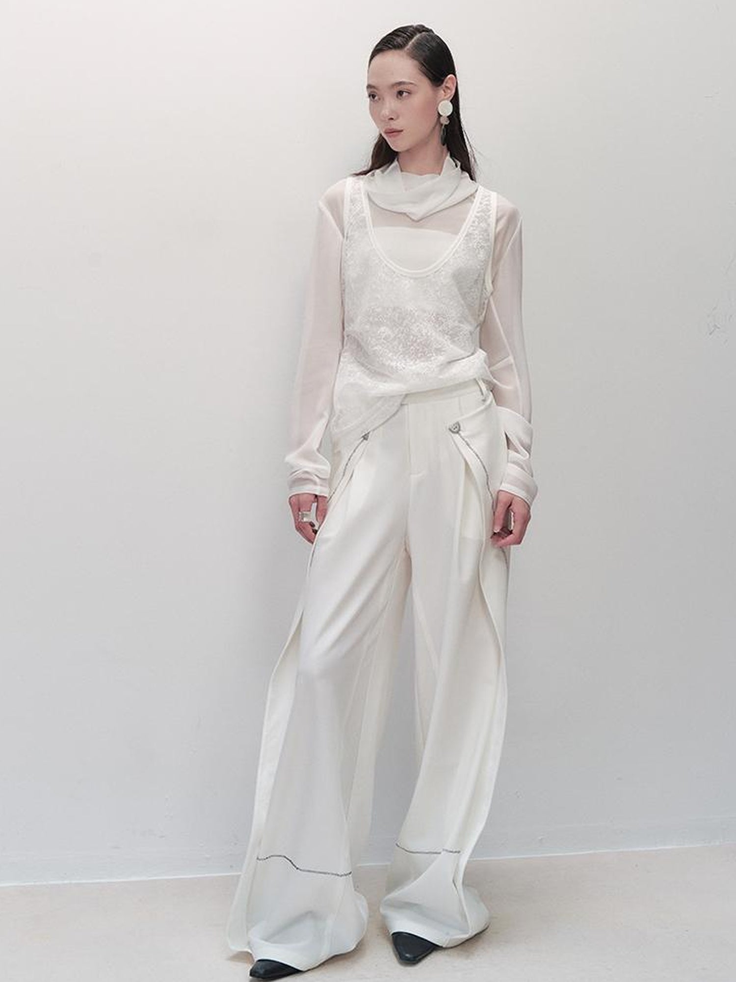 AnnoMundi Sheer Pearl Chiffon French Top V-Neck T-Shirt Long Sleeve