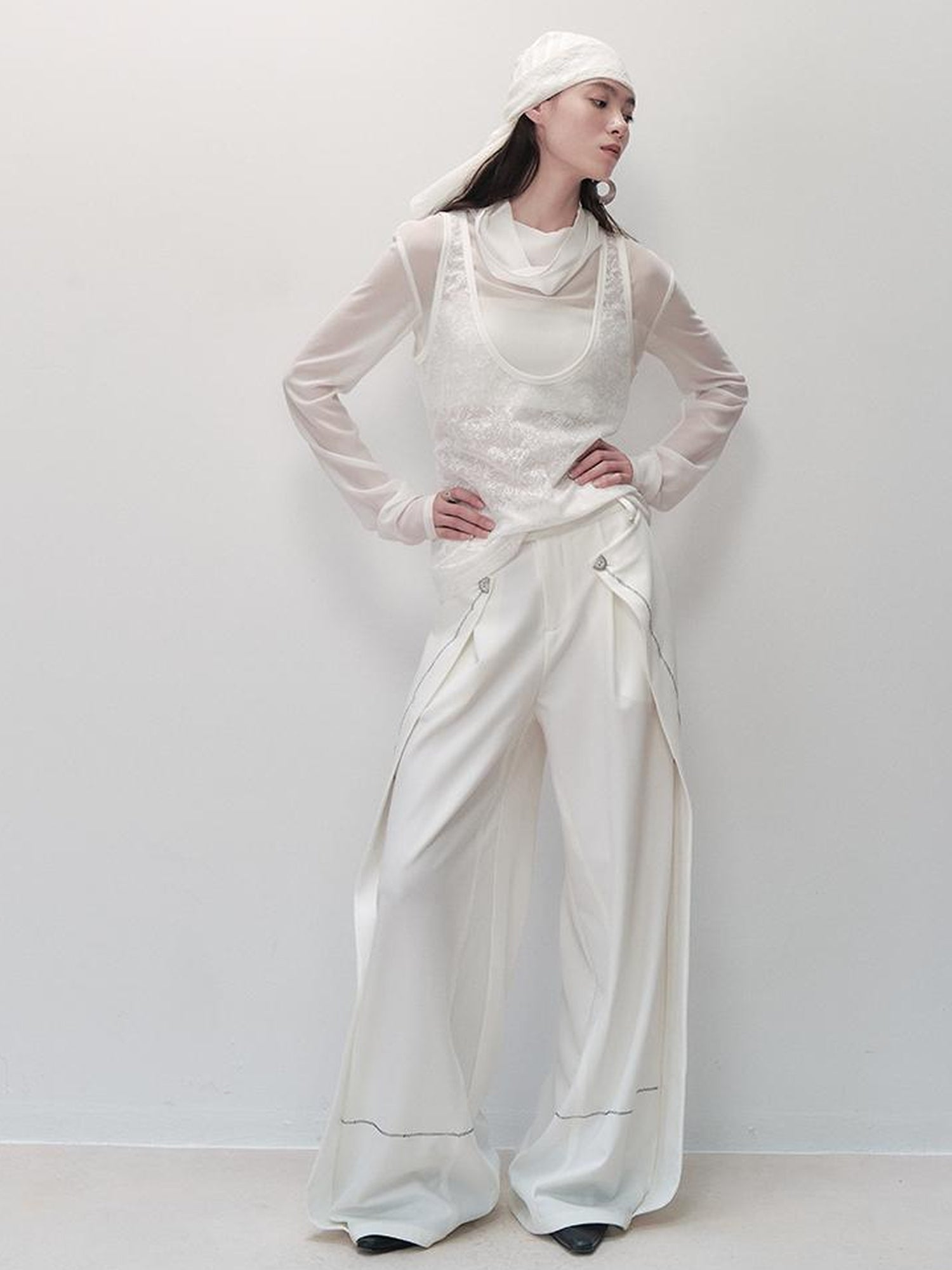 AnnoMundi Sheer Pearl Chiffon French Top V-Neck T-Shirt Long Sleeve