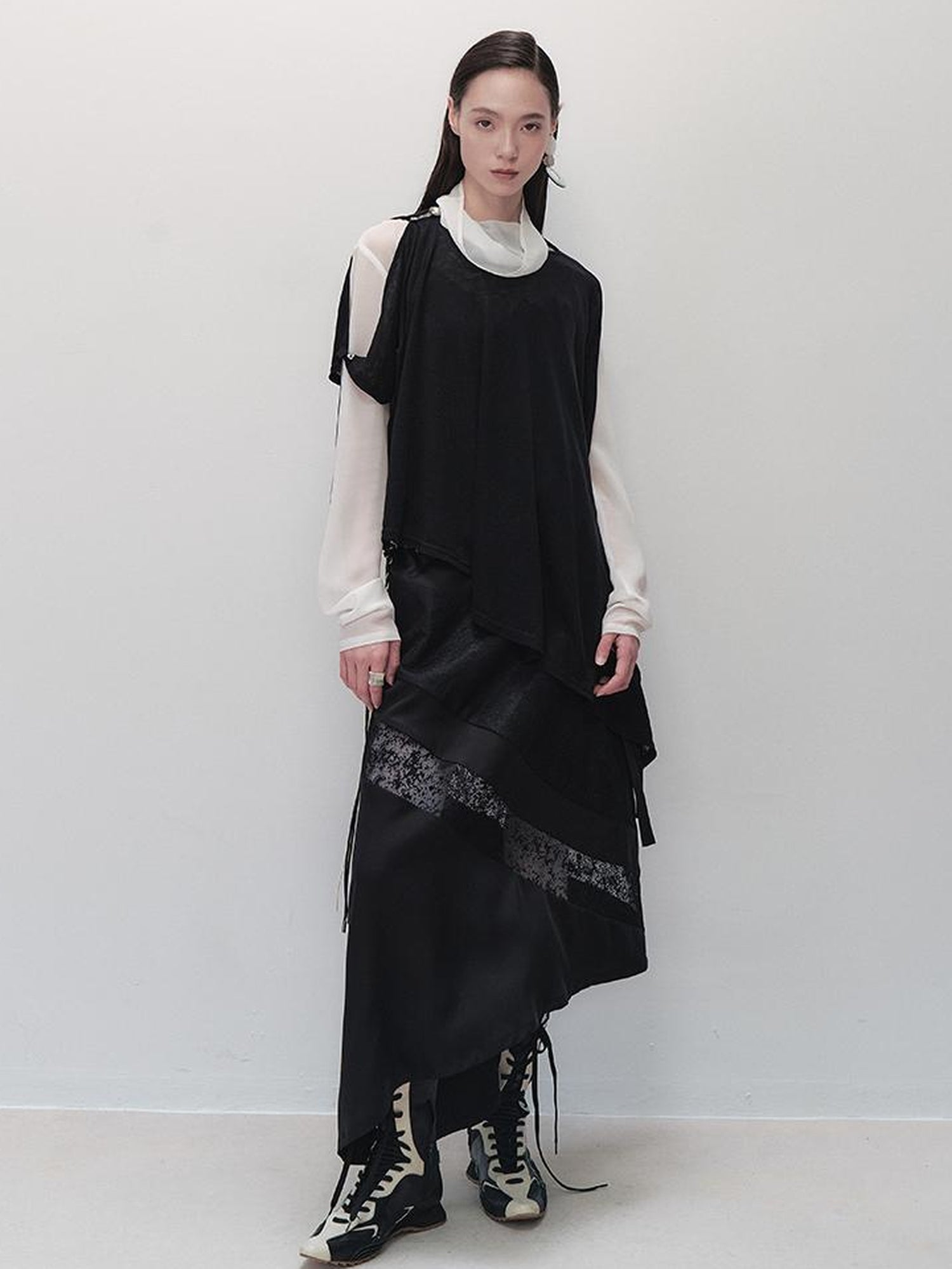 AnnoMundi Sheer Pearl Chiffon French Top V-Neck T-Shirt Long Sleeve