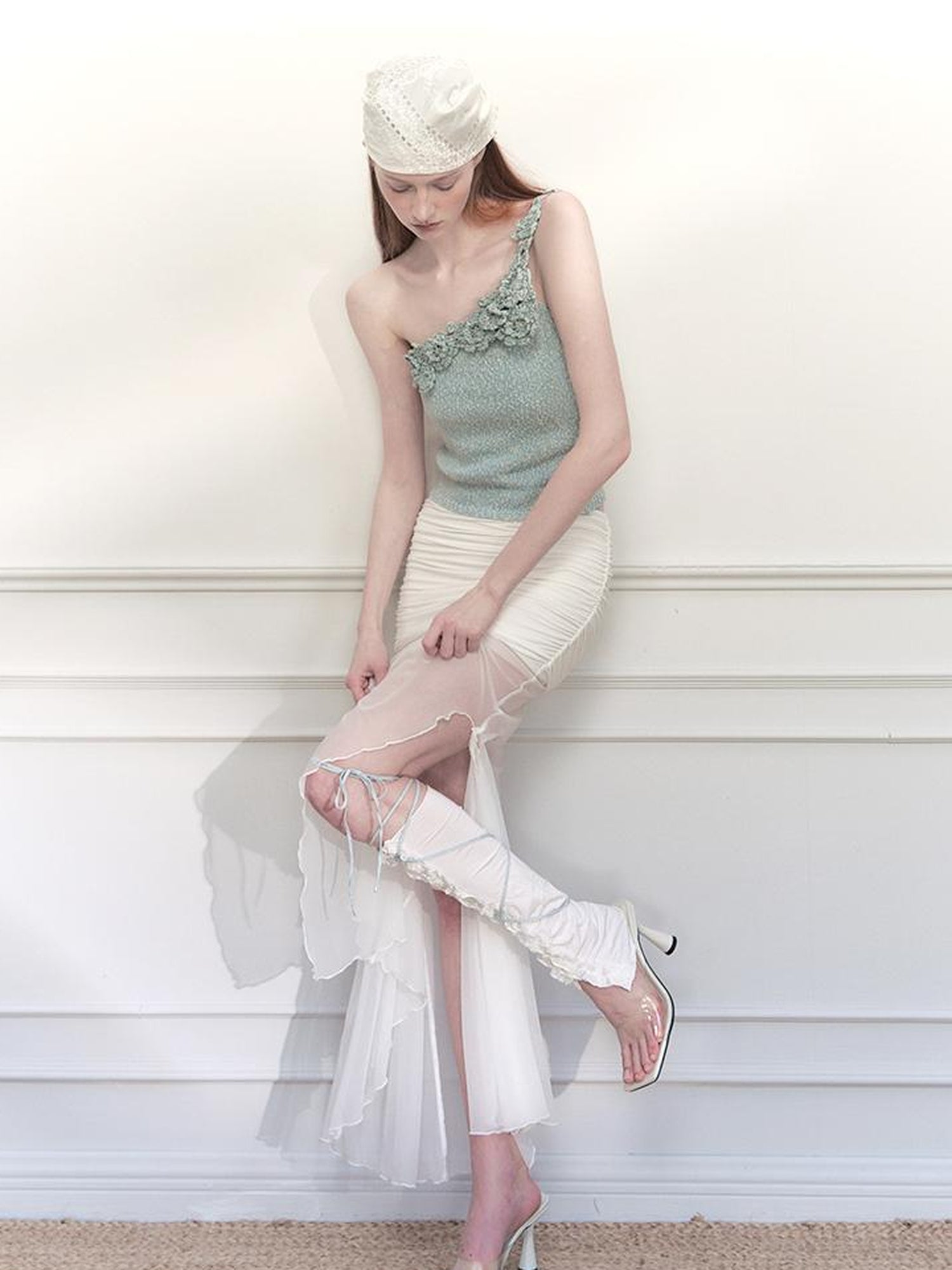 AnnoMundi Sheer Pleated Mermaid Skirt with Asymmetrical Hem