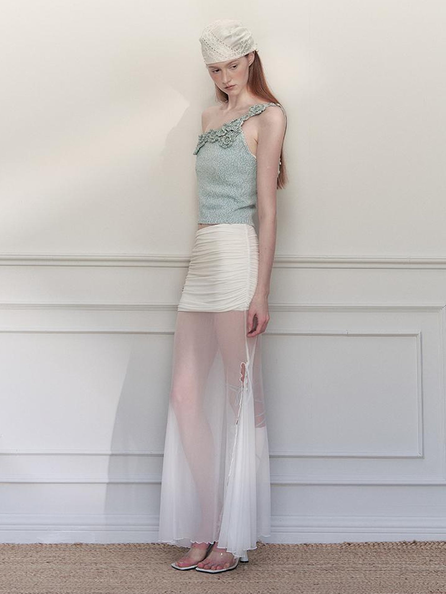 AnnoMundi Sheer Pleated Mermaid Skirt with Asymmetrical Hem