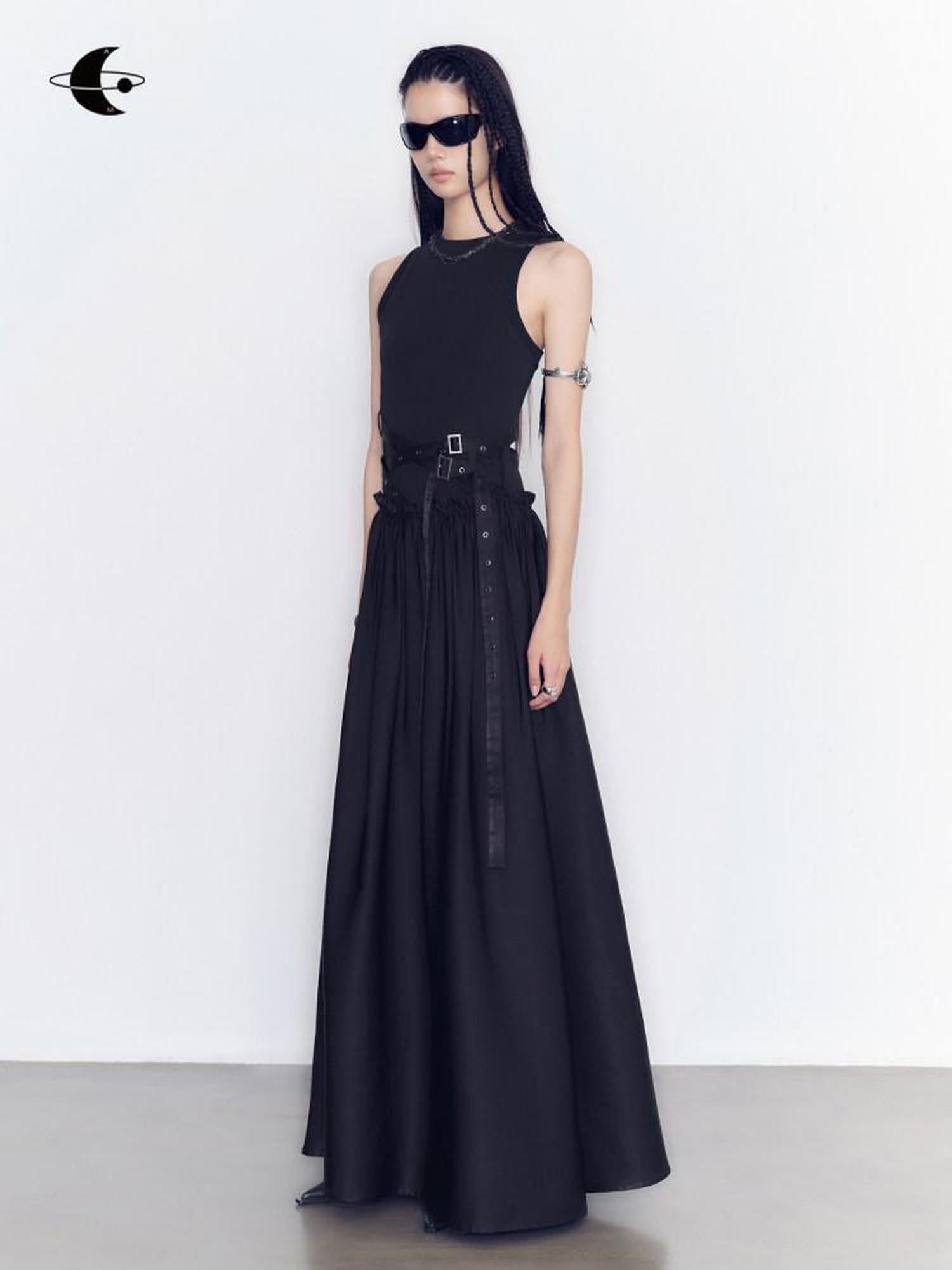 AnnoMundi Slim Cotton Stretch Sexy Round Neck Sleeveless Black Pullover Maxi Dresses