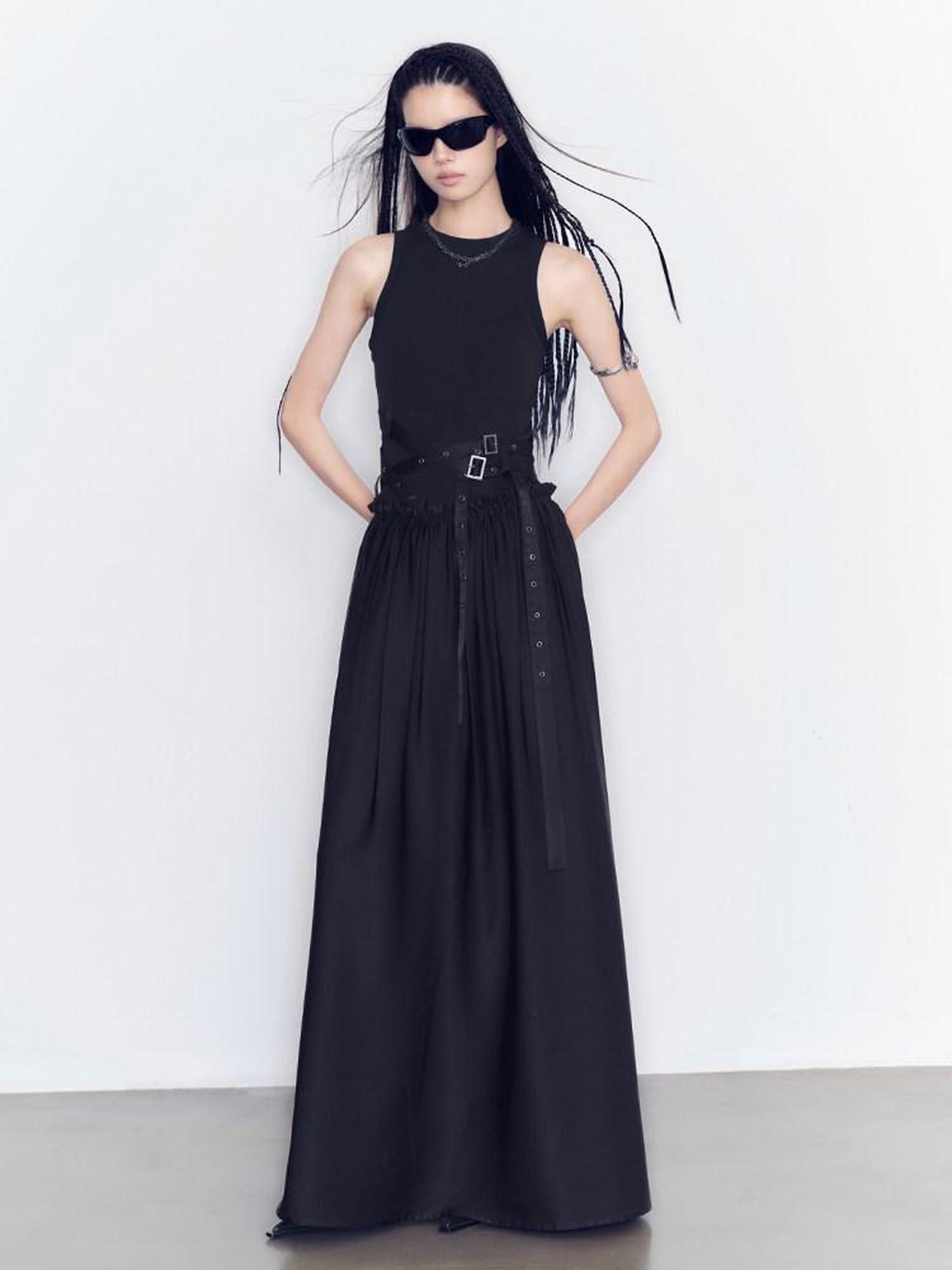 AnnoMundi Slim Cotton Stretch Sexy Round Neck Sleeveless Black Pullover Maxi Dresses