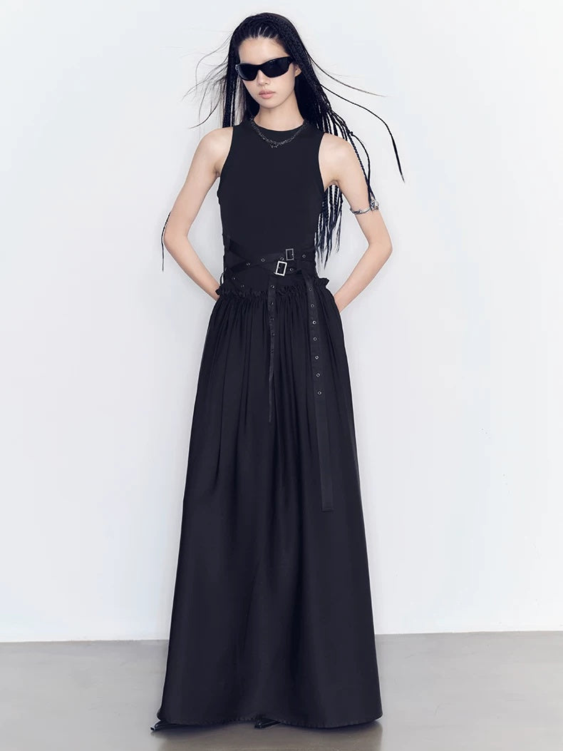 AnnoMundi Slim Cotton Stretch Sexy Round Neck Sleeveless Black Pullover Maxi Dresses