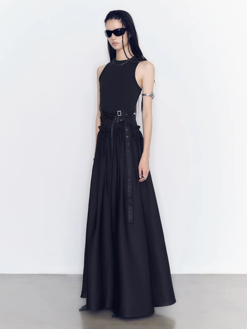 AnnoMundi Slim Cotton Stretch Sexy Round Neck Sleeveless Black Pullover Maxi Dresses