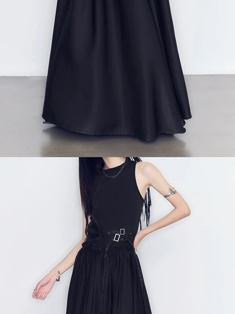 AnnoMundi Slim Cotton Stretch Sexy Round Neck Sleeveless Black Pullover Maxi Dresses