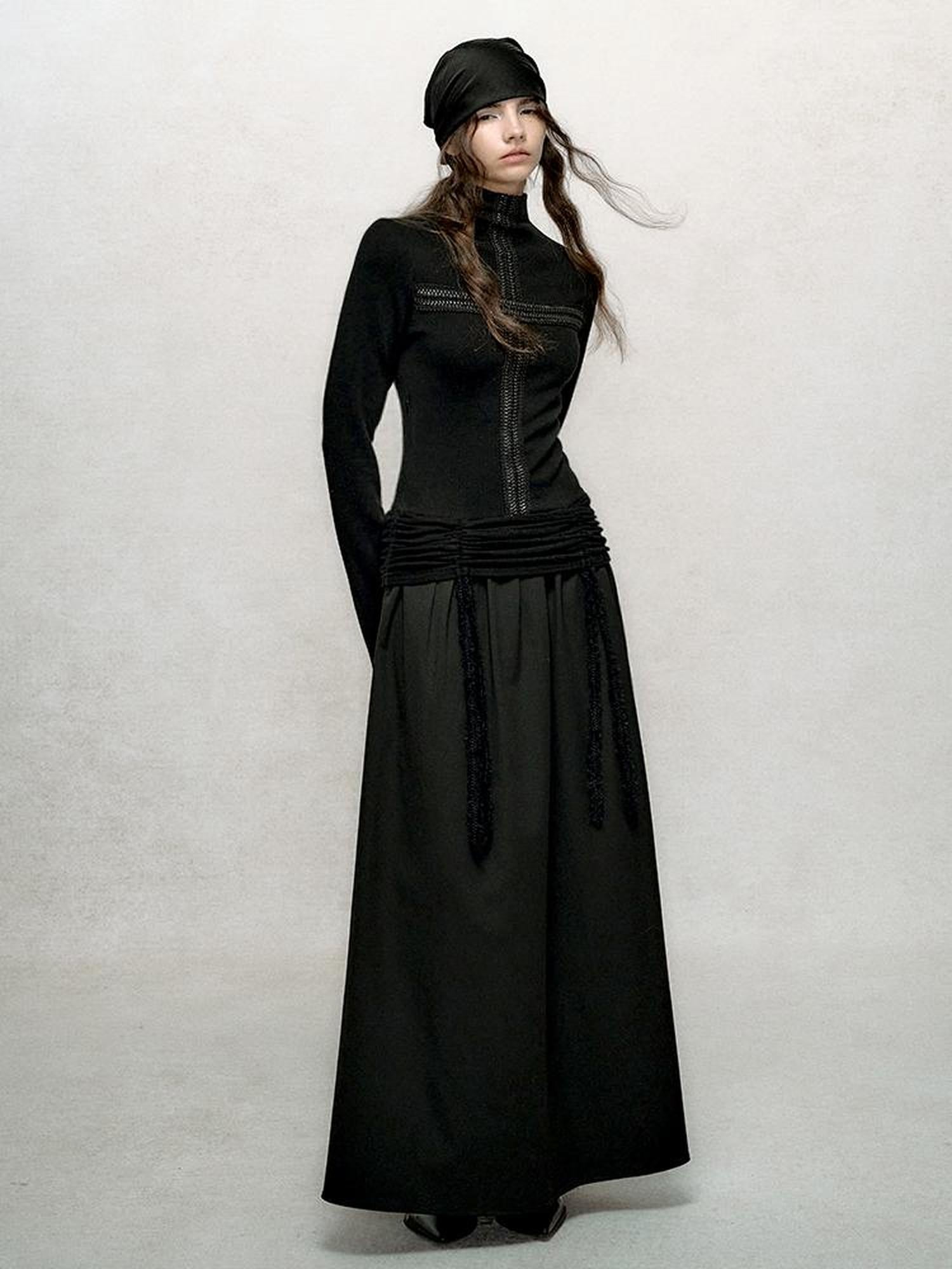 AnnoMundi Slim Fit High Neck Ribbed Knit Dress With Ruffle Detail