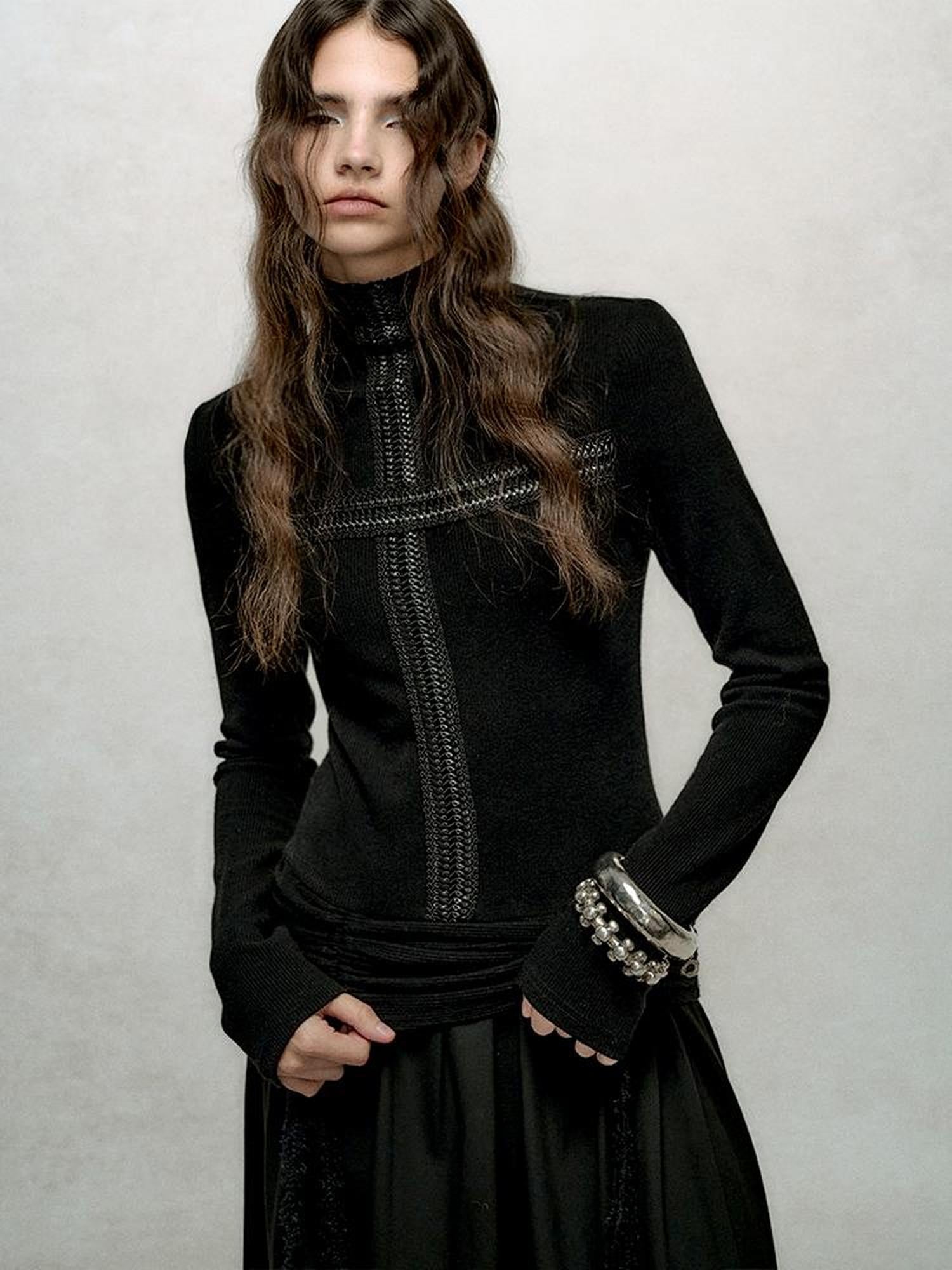 AnnoMundi Slim Fit High Neck Ribbed Knit Dress With Ruffle Detail