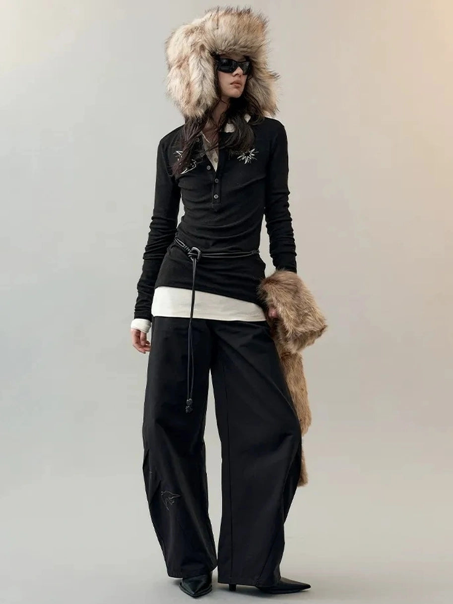 AnnoMundi Star Bird Embroidered Loose Fit Cotton Pants Pants