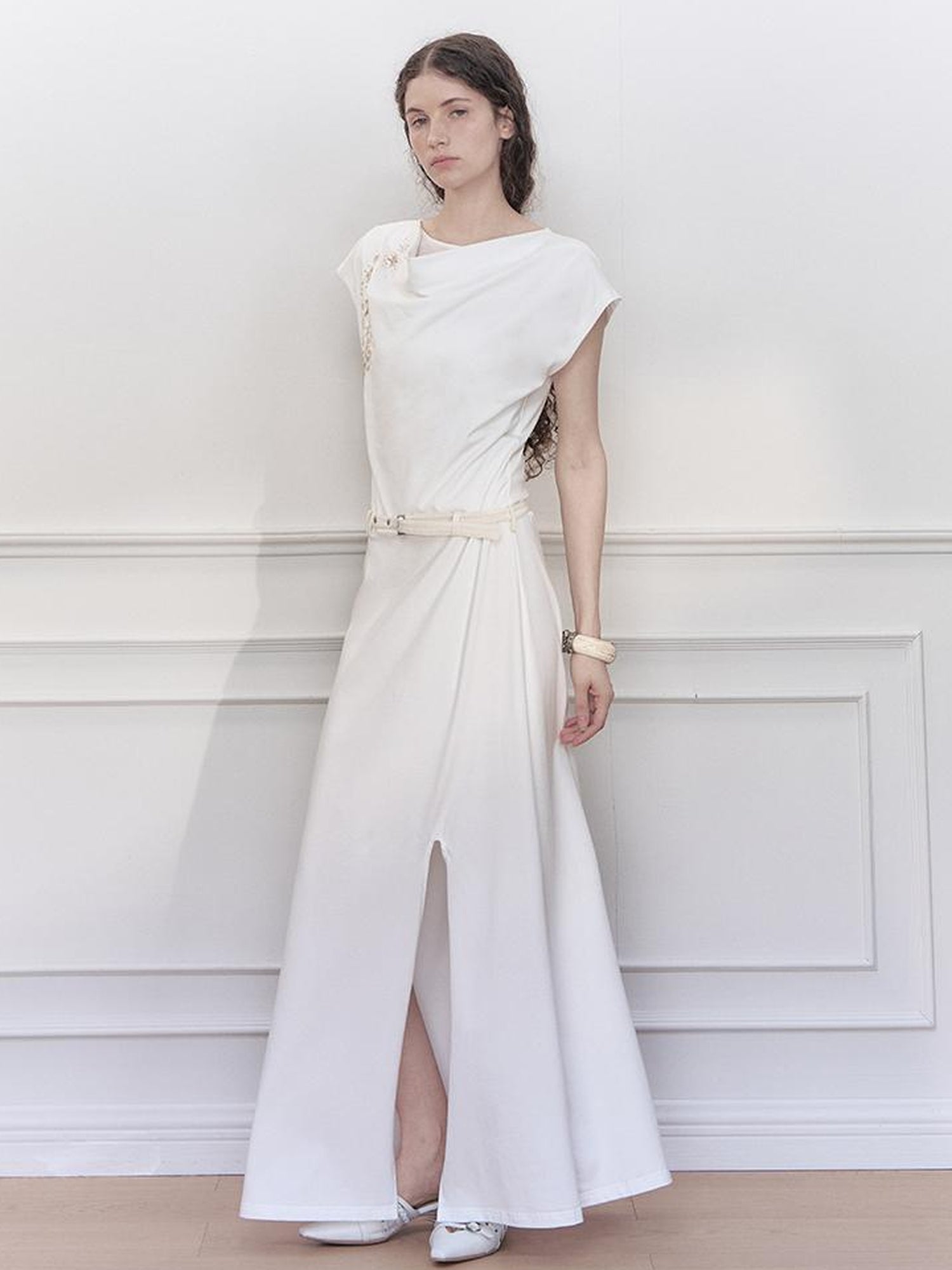 AnnoMundi Starry Draped Neck Slit Evening Gown
