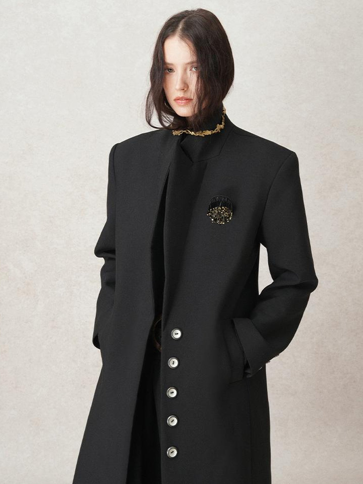 AnnoMundi Straight Cut Longline Blazer With Fringe Brooch