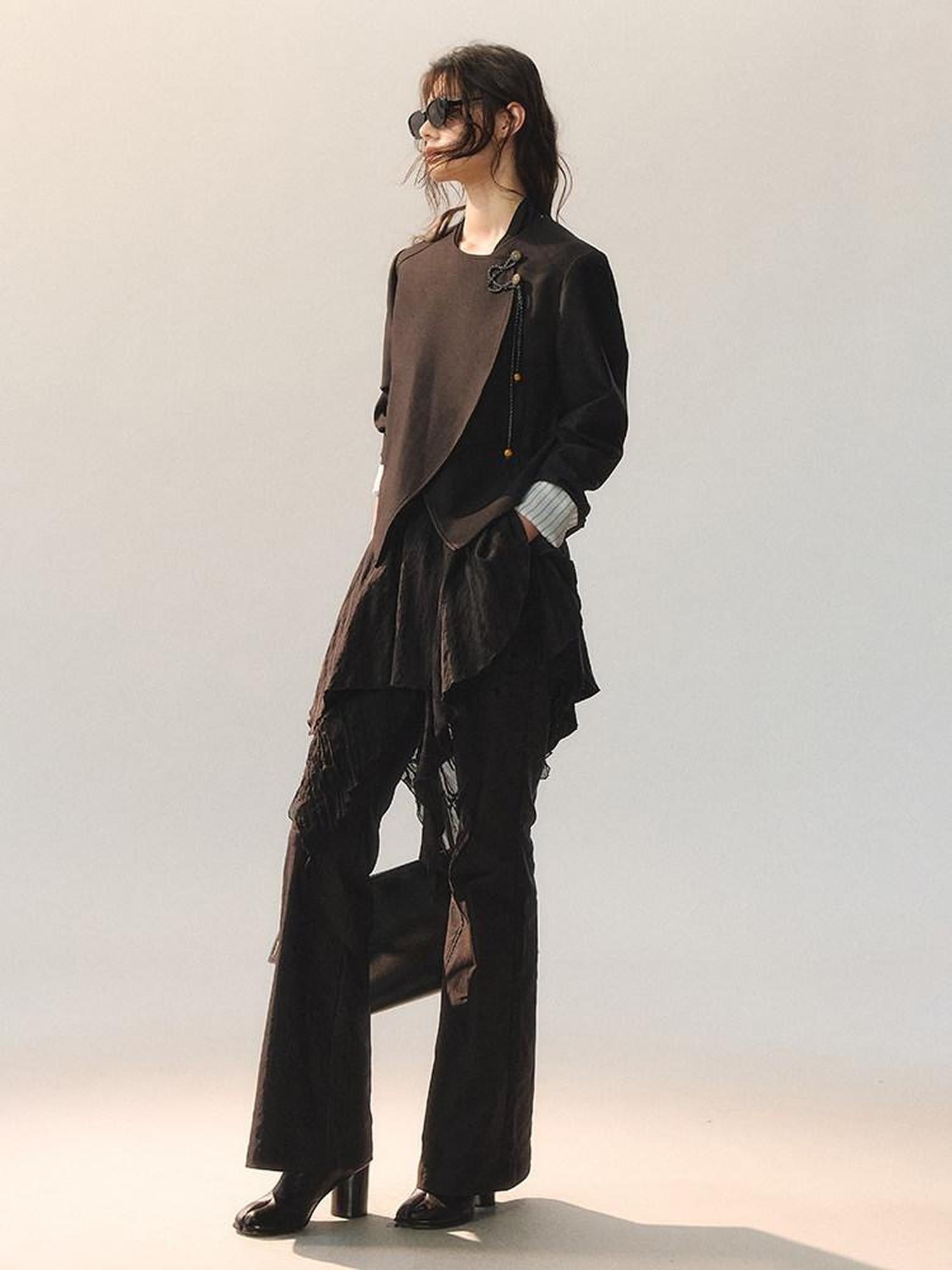 AnnoMundi Stretch Polyester Minimal Slim Fit One Button Black Womens Cropped Jackets