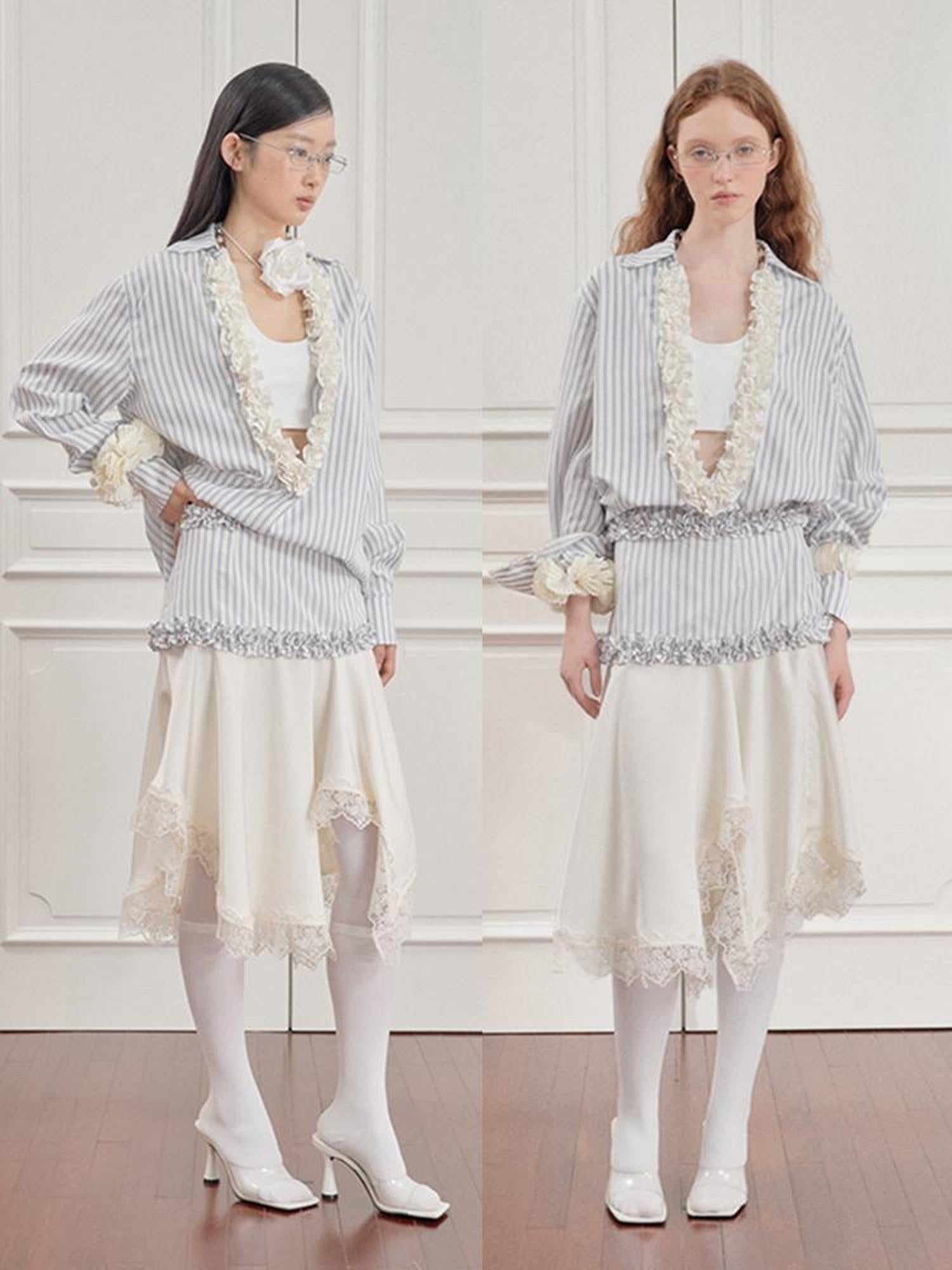 AnnoMundi Striped Lace Hem Asymmetrical White Maxi Skirt