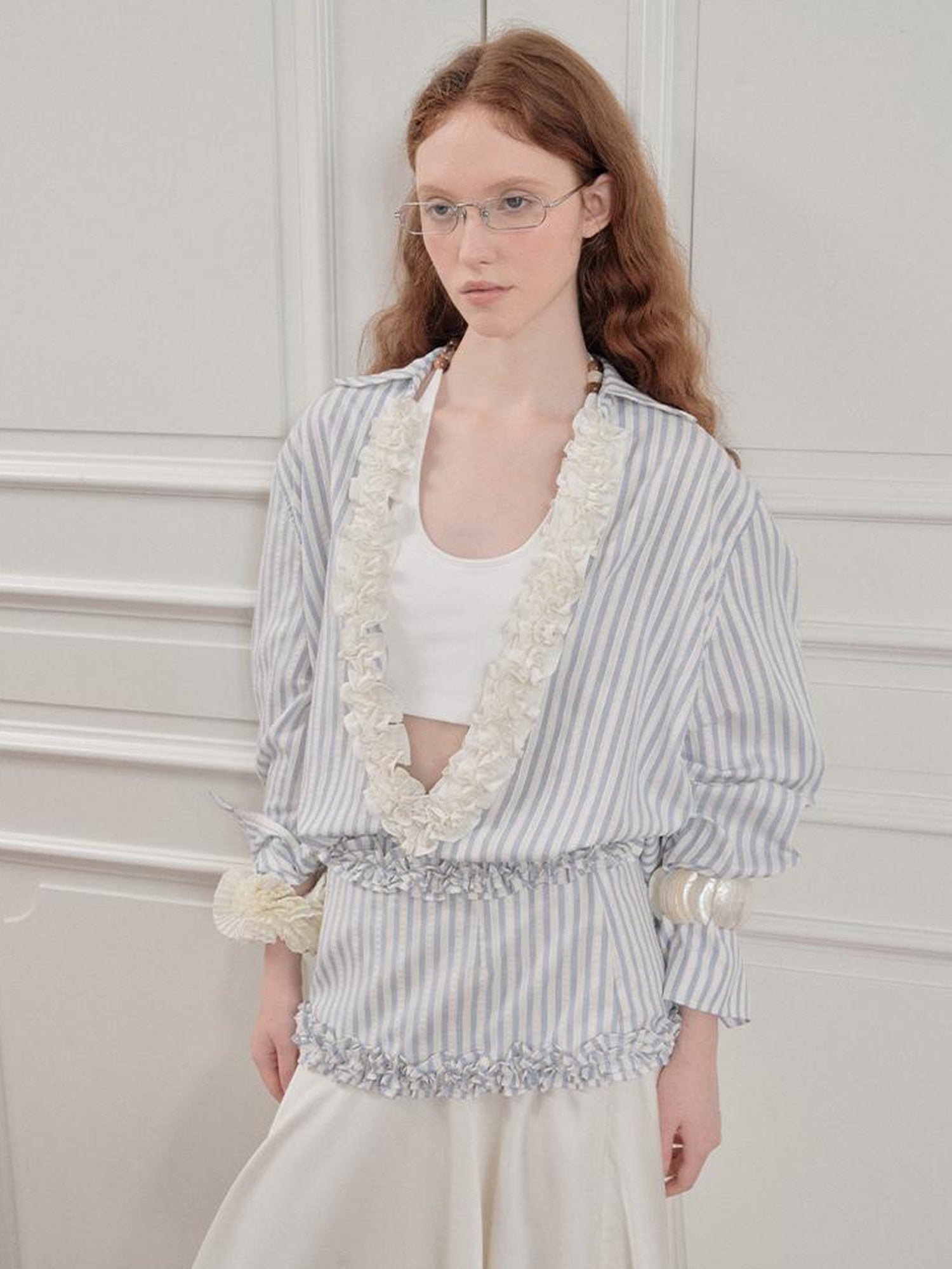 AnnoMundi Striped Lace Hem Asymmetrical White Maxi Skirt