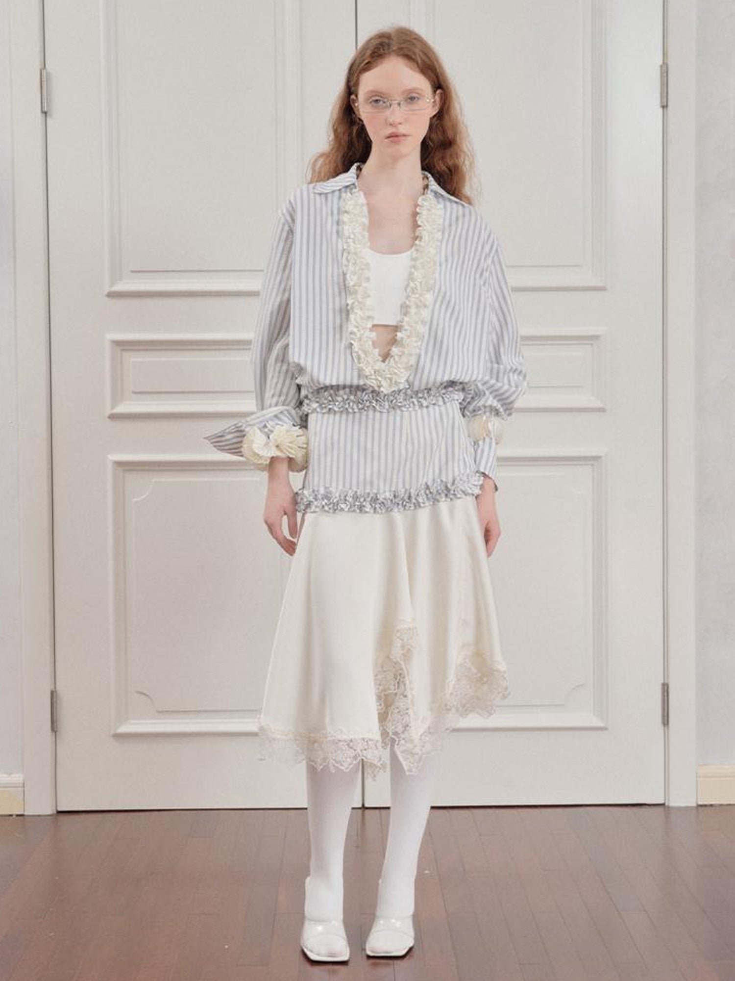 AnnoMundi Striped Lace Hem Asymmetrical White Maxi Skirt
