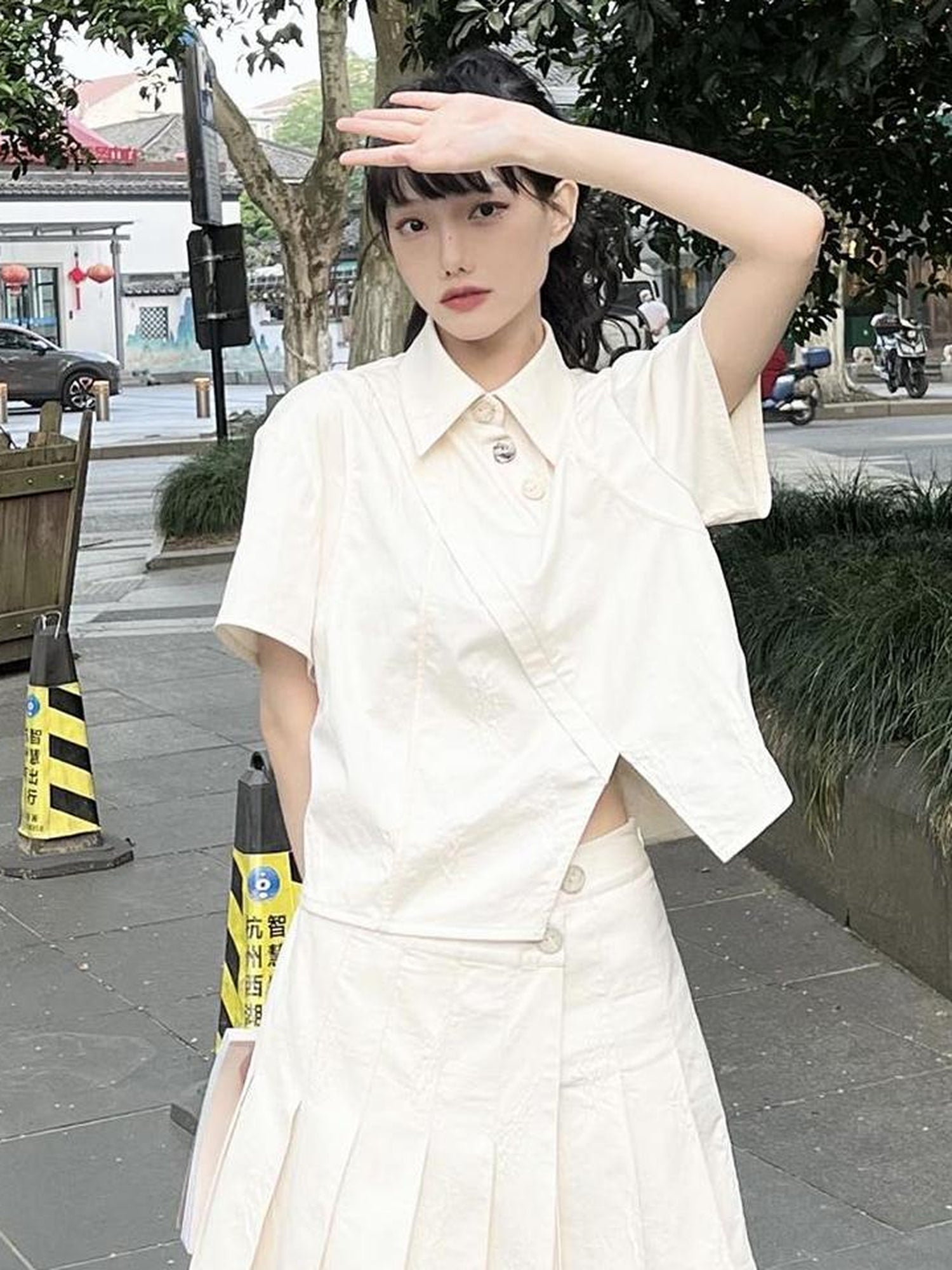 AnnoMundi Textured Cotton Shirt And Pleated Skirt Set