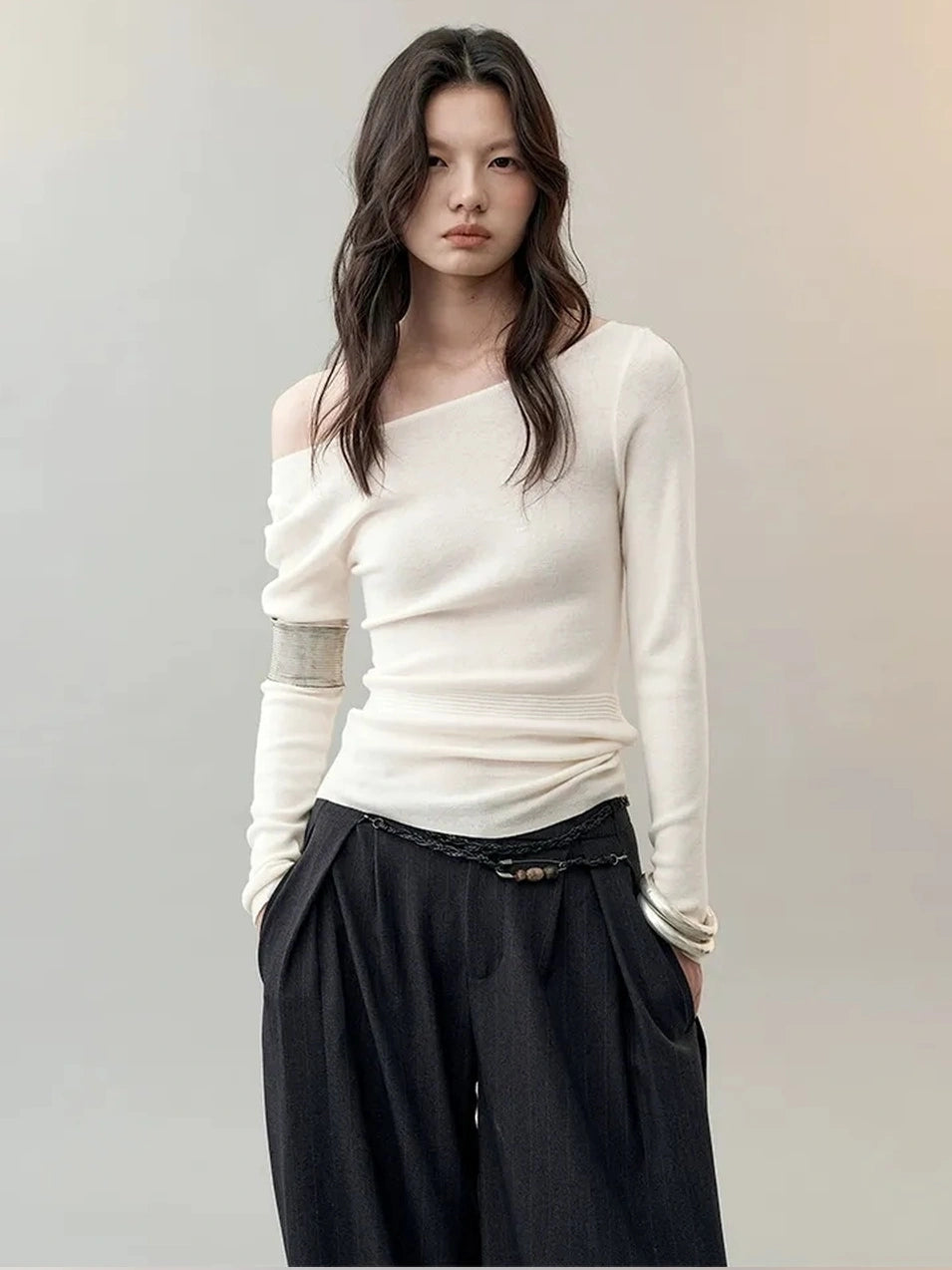 AnnoMundi Textured Knit Top In Black And White V-neck T-shirt Long Sleeve Cardigan