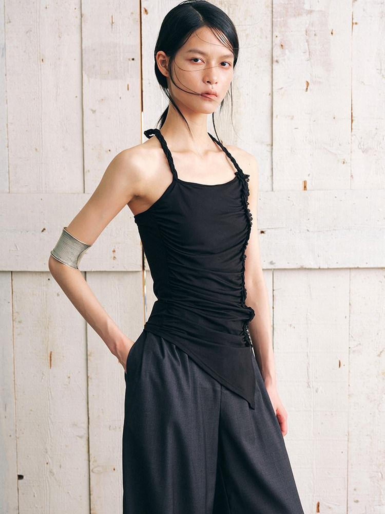 AnnoMundi Textured Pleated Ruched Side Tie Halter Women&