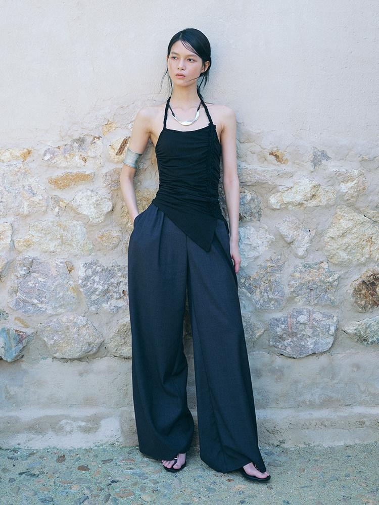 AnnoMundi Textured Pleated Ruched Side Tie Halter Women&