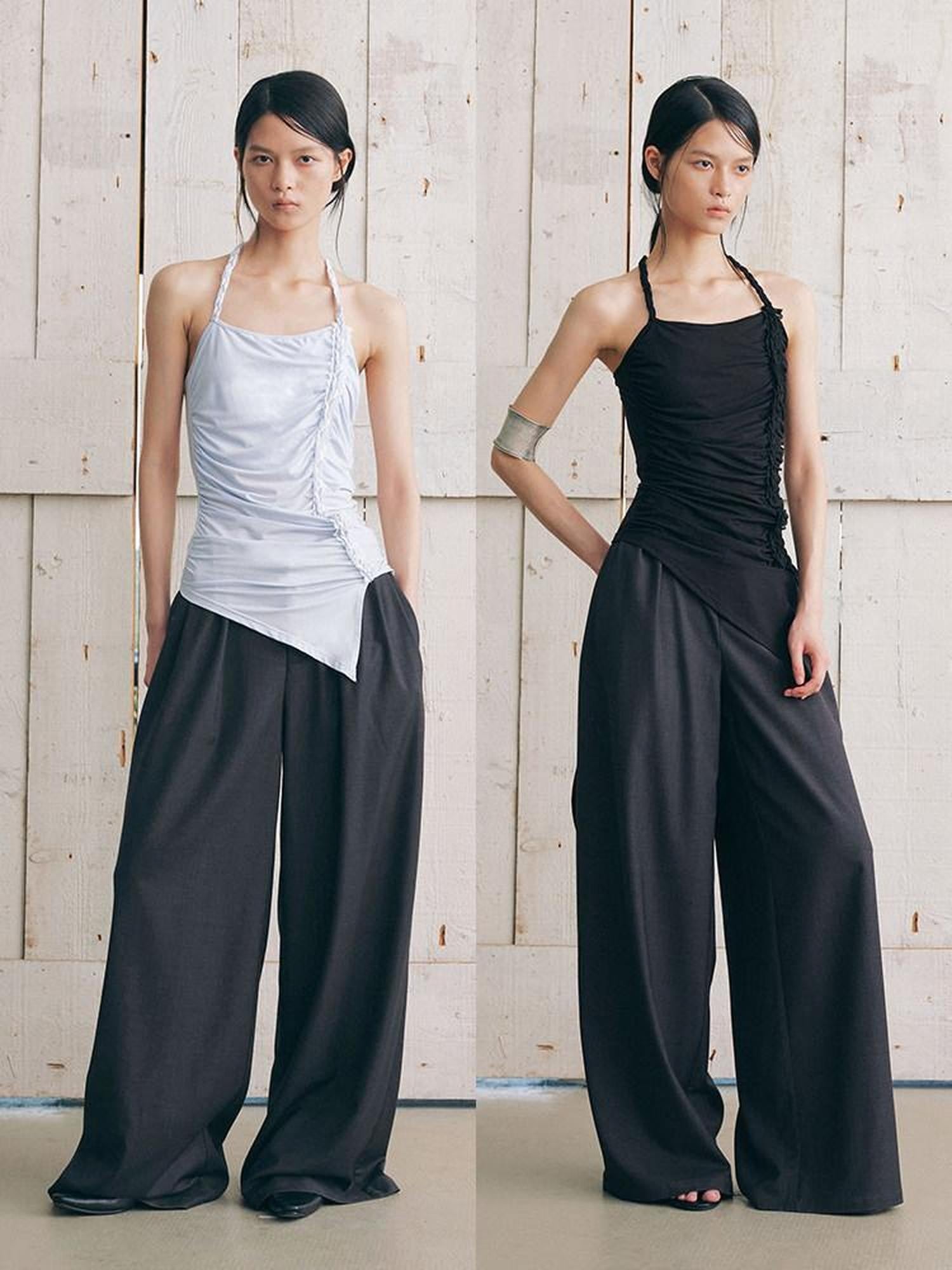 AnnoMundi Textured Pleated Ruched Side Tie Halter Women&