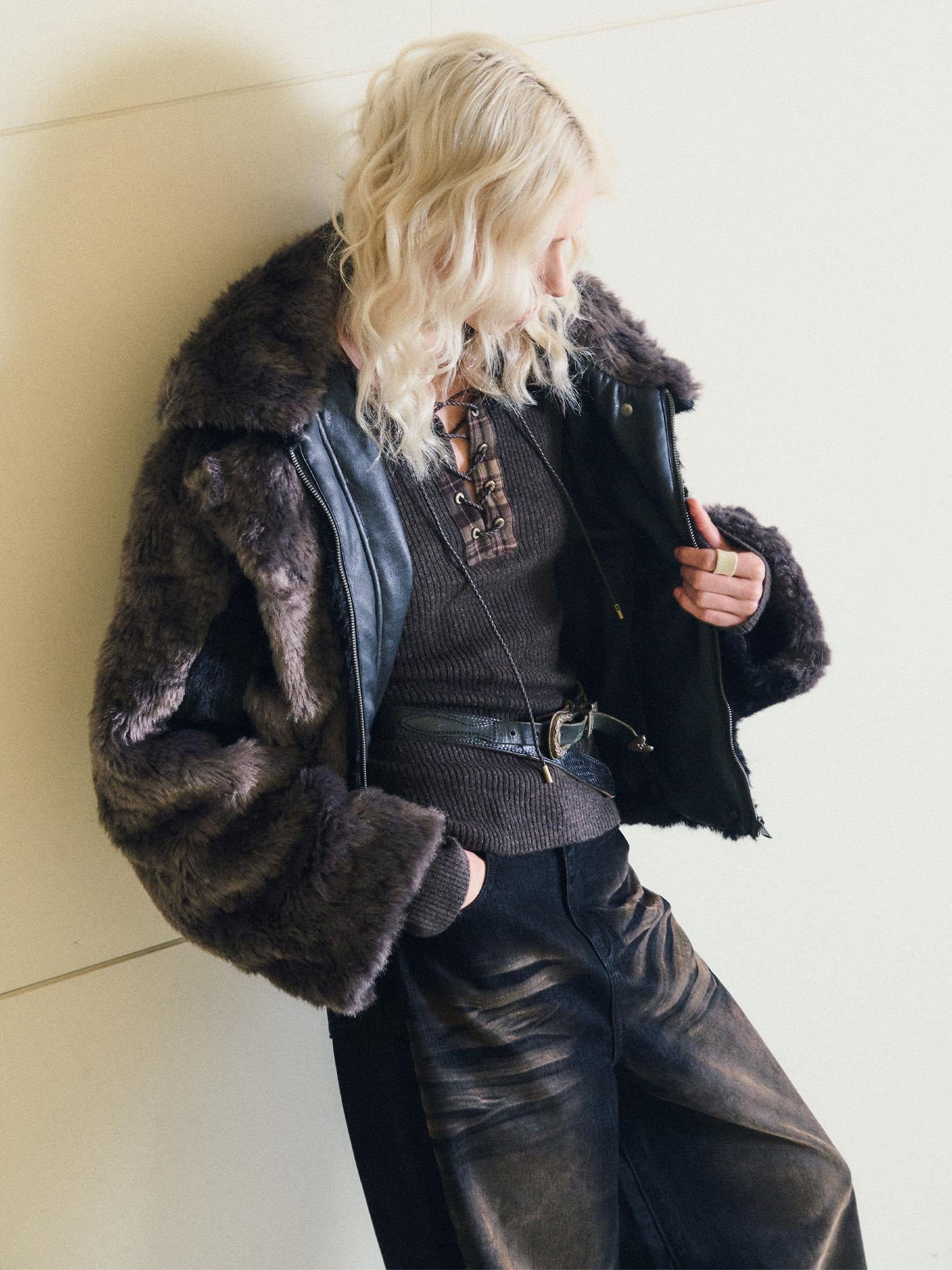 AnnoMundi Textured Short Faux Mink Fur Coat