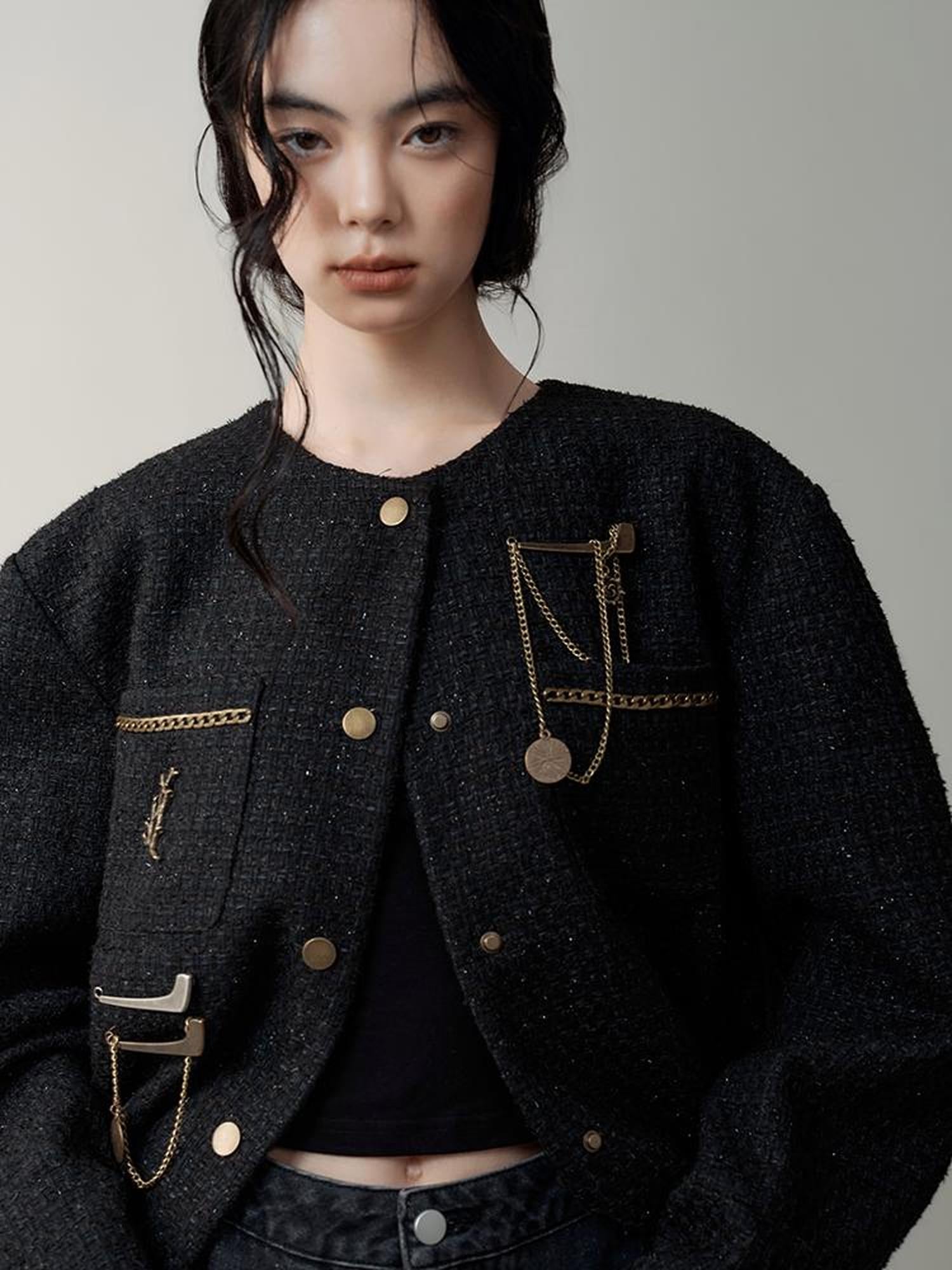 AnnoMundi Textured Tweed Oversized Blazer With Metallic Accents