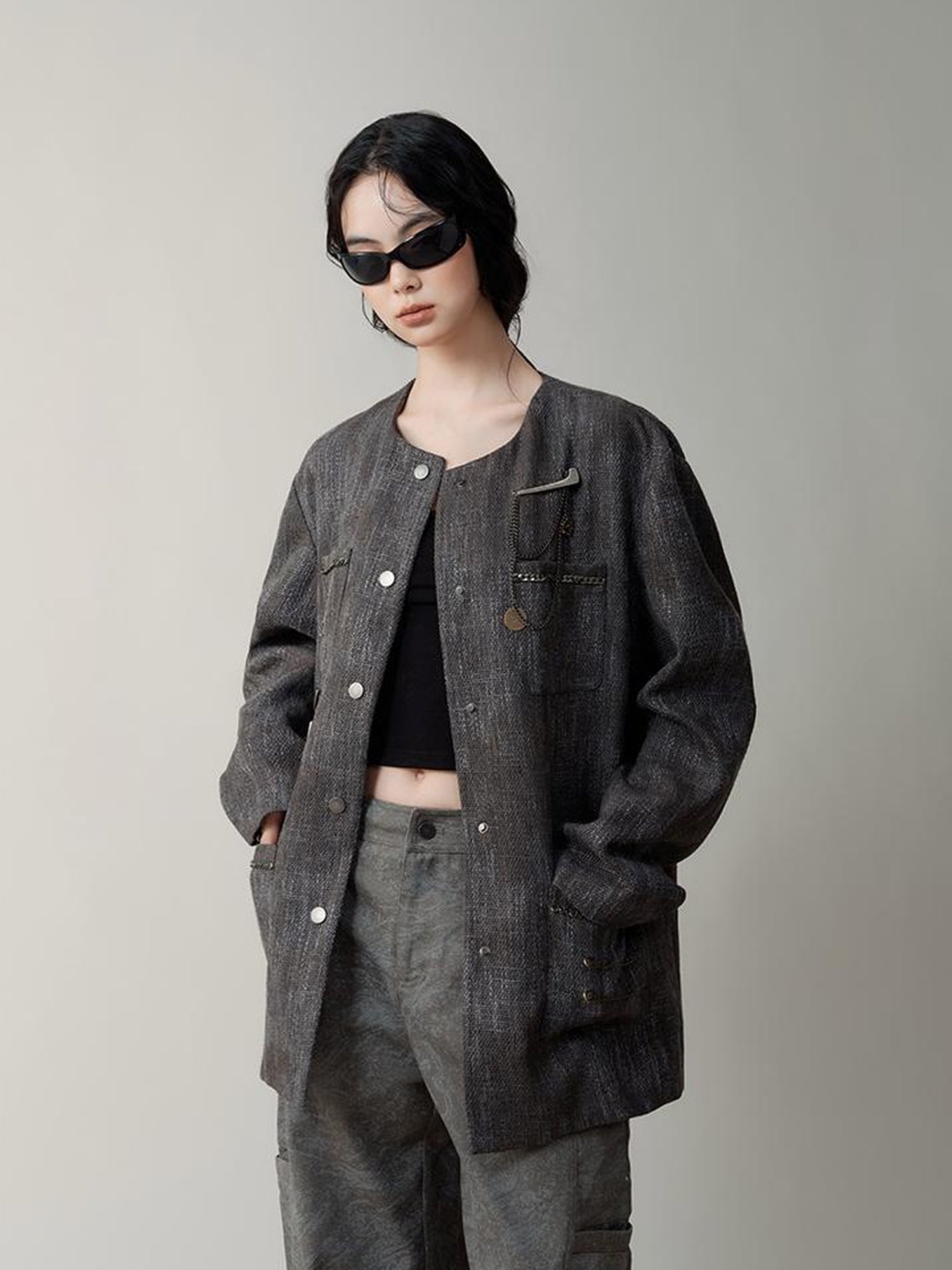 AnnoMundi Textured Tweed Oversized Blazer With Metallic Accents