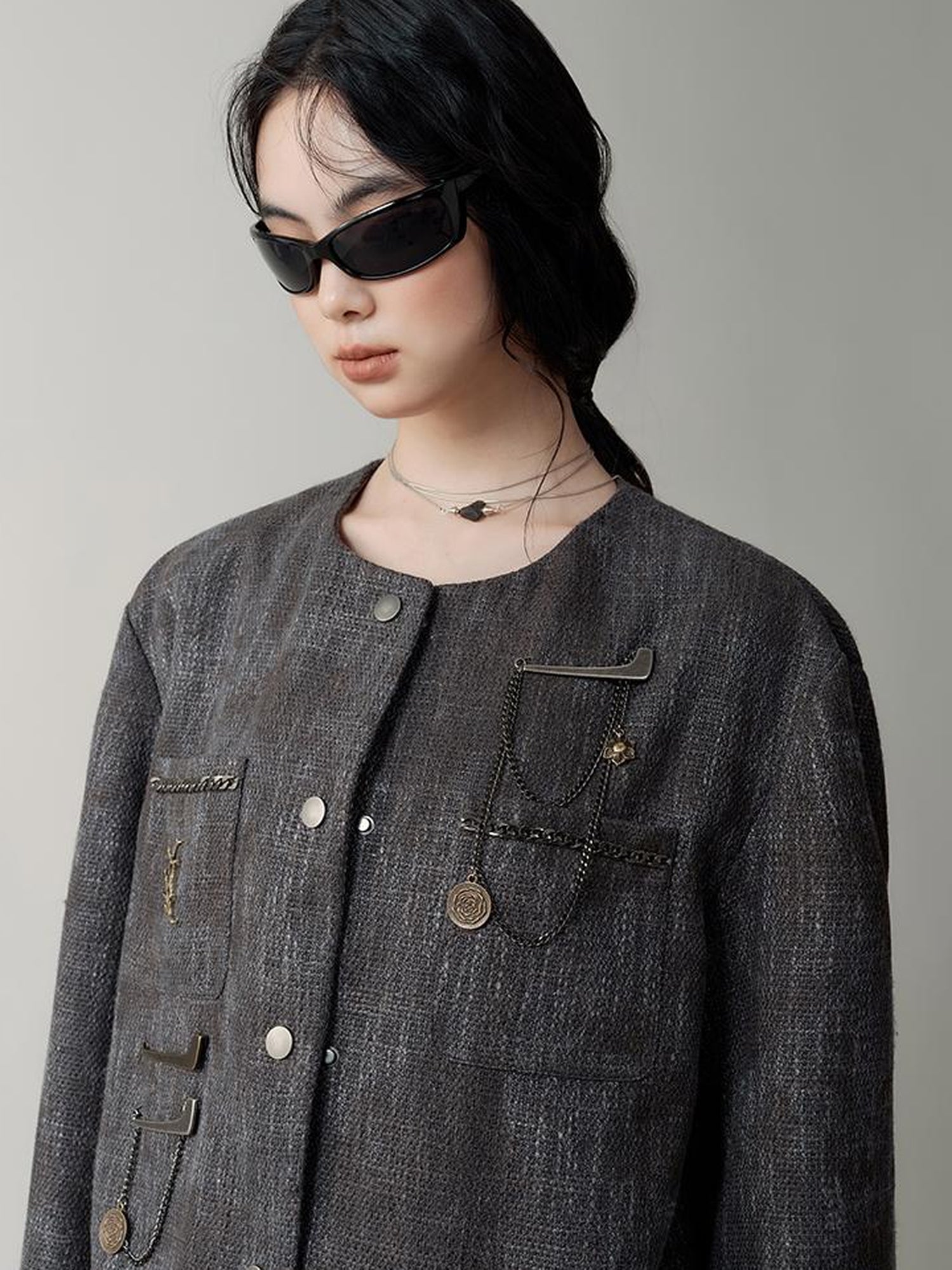 AnnoMundi Textured Tweed Oversized Blazer With Metallic Accents