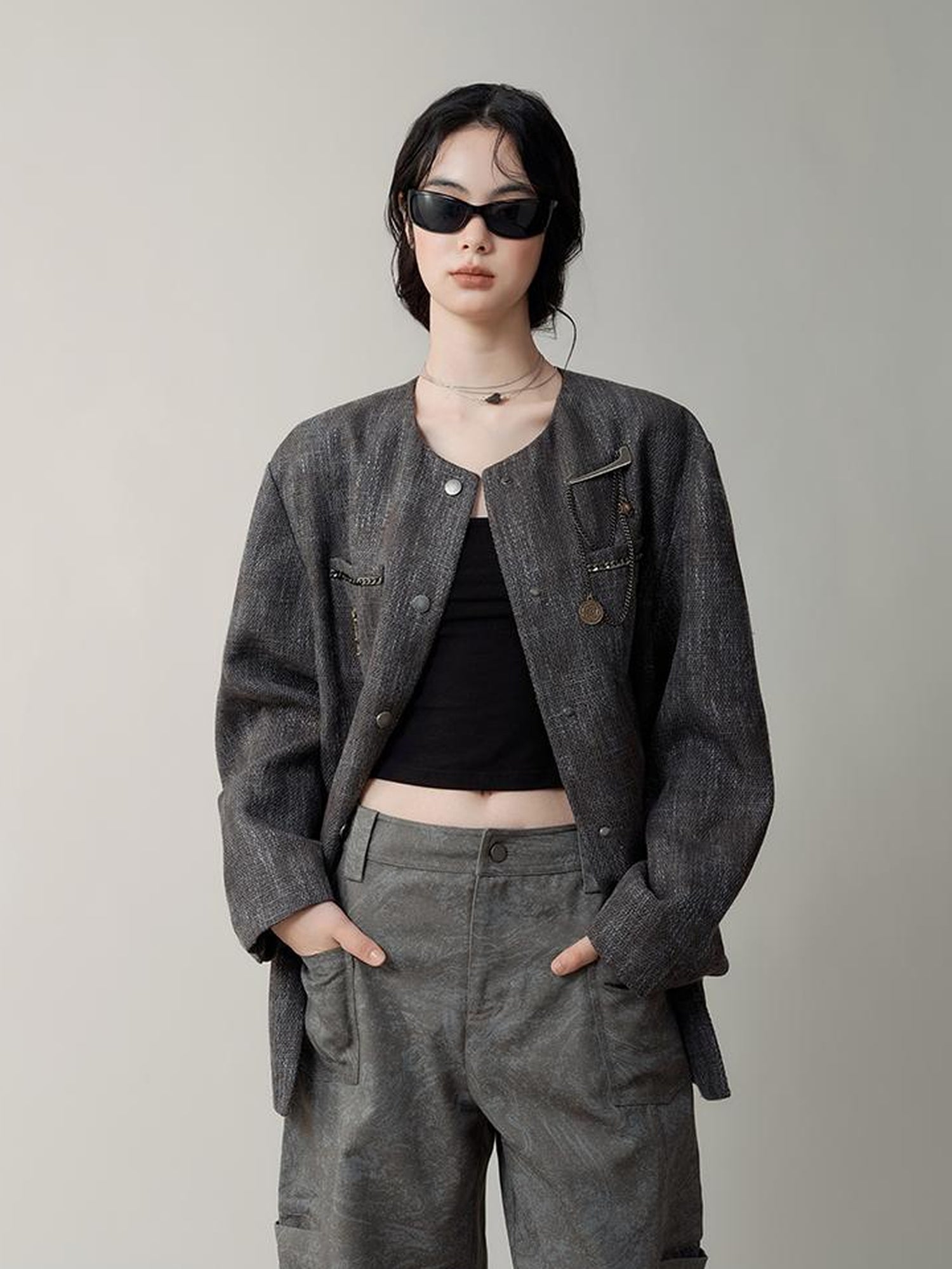 AnnoMundi Textured Tweed Oversized Blazer With Metallic Accents