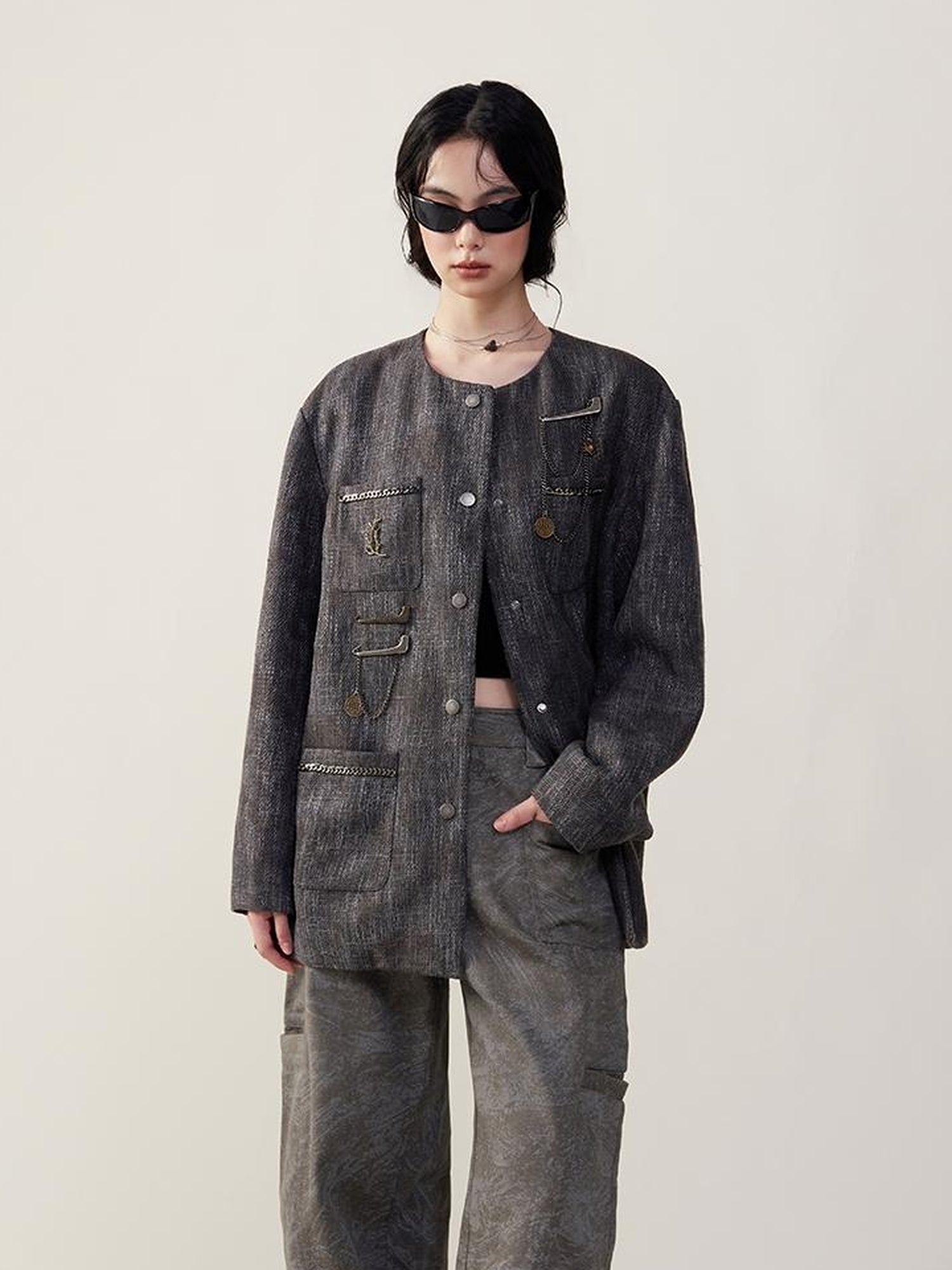 AnnoMundi Textured Tweed Oversized Blazer With Metallic Accents