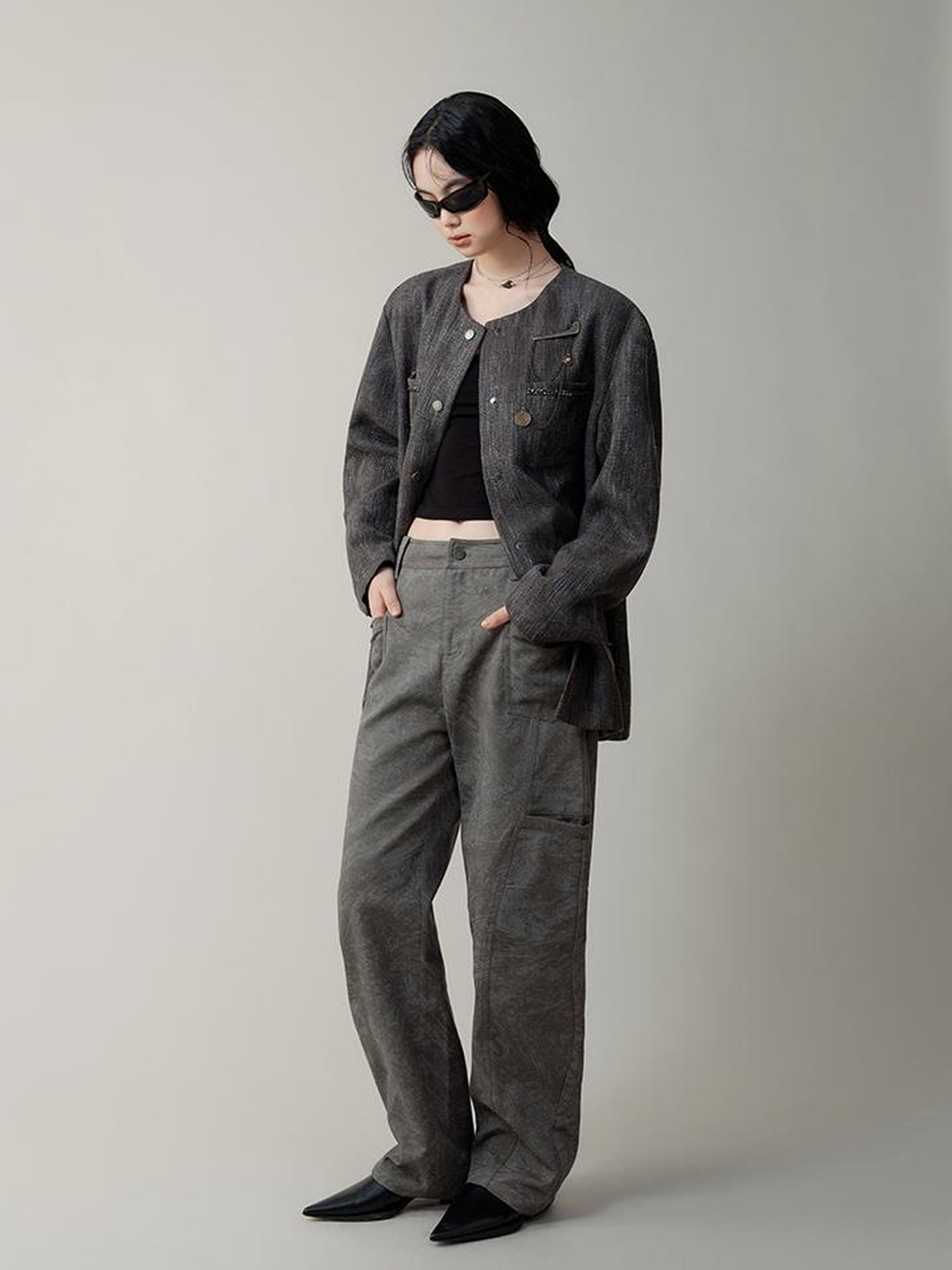AnnoMundi Textured Tweed Oversized Blazer With Metallic Accents
