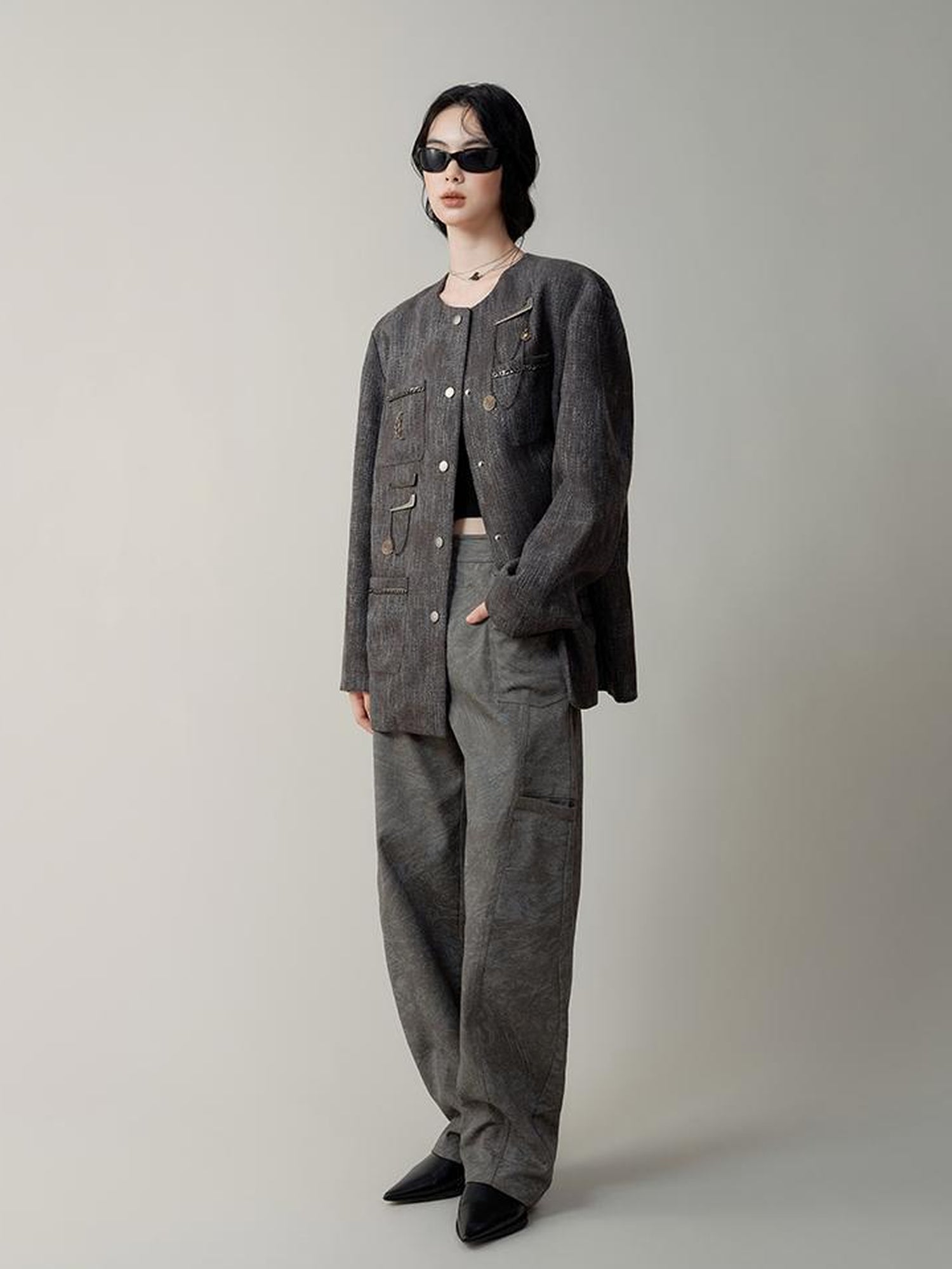 AnnoMundi Textured Tweed Oversized Blazer With Metallic Accents