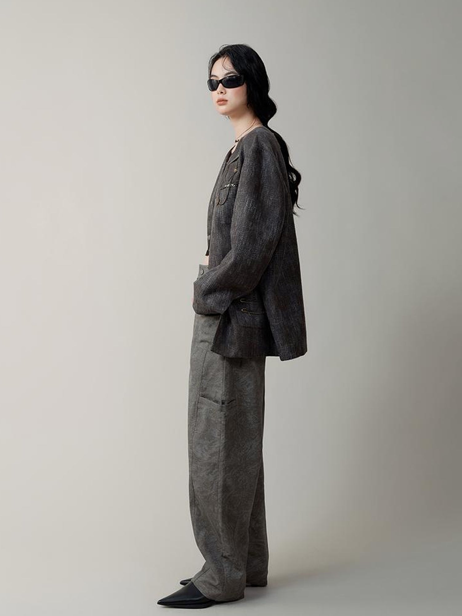 AnnoMundi Textured Tweed Oversized Blazer With Metallic Accents