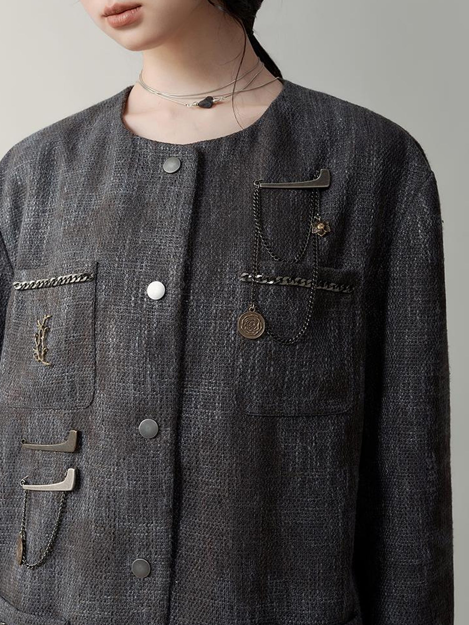 AnnoMundi Textured Tweed Oversized Blazer With Metallic Accents