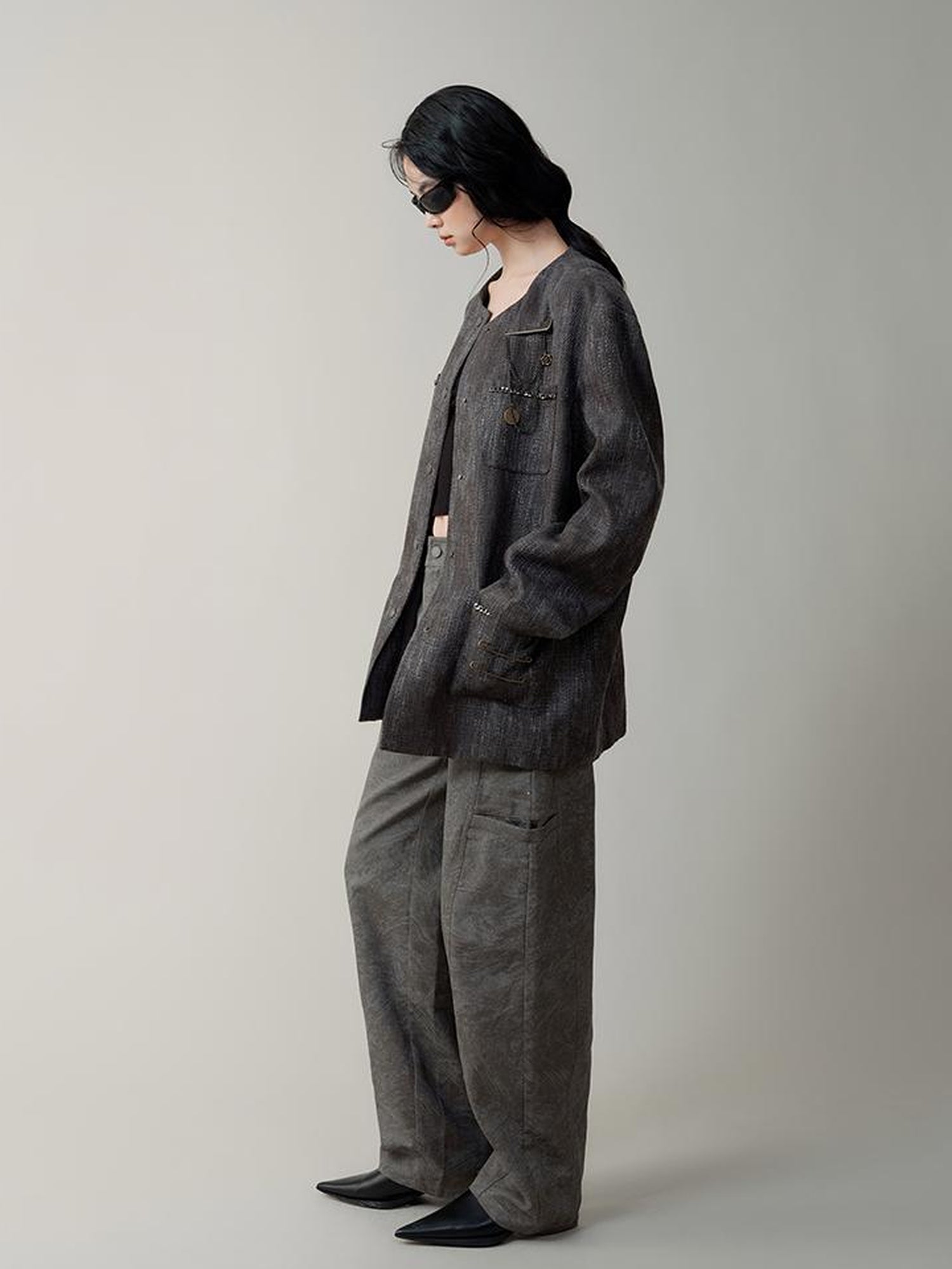 AnnoMundi Textured Tweed Oversized Blazer With Metallic Accents