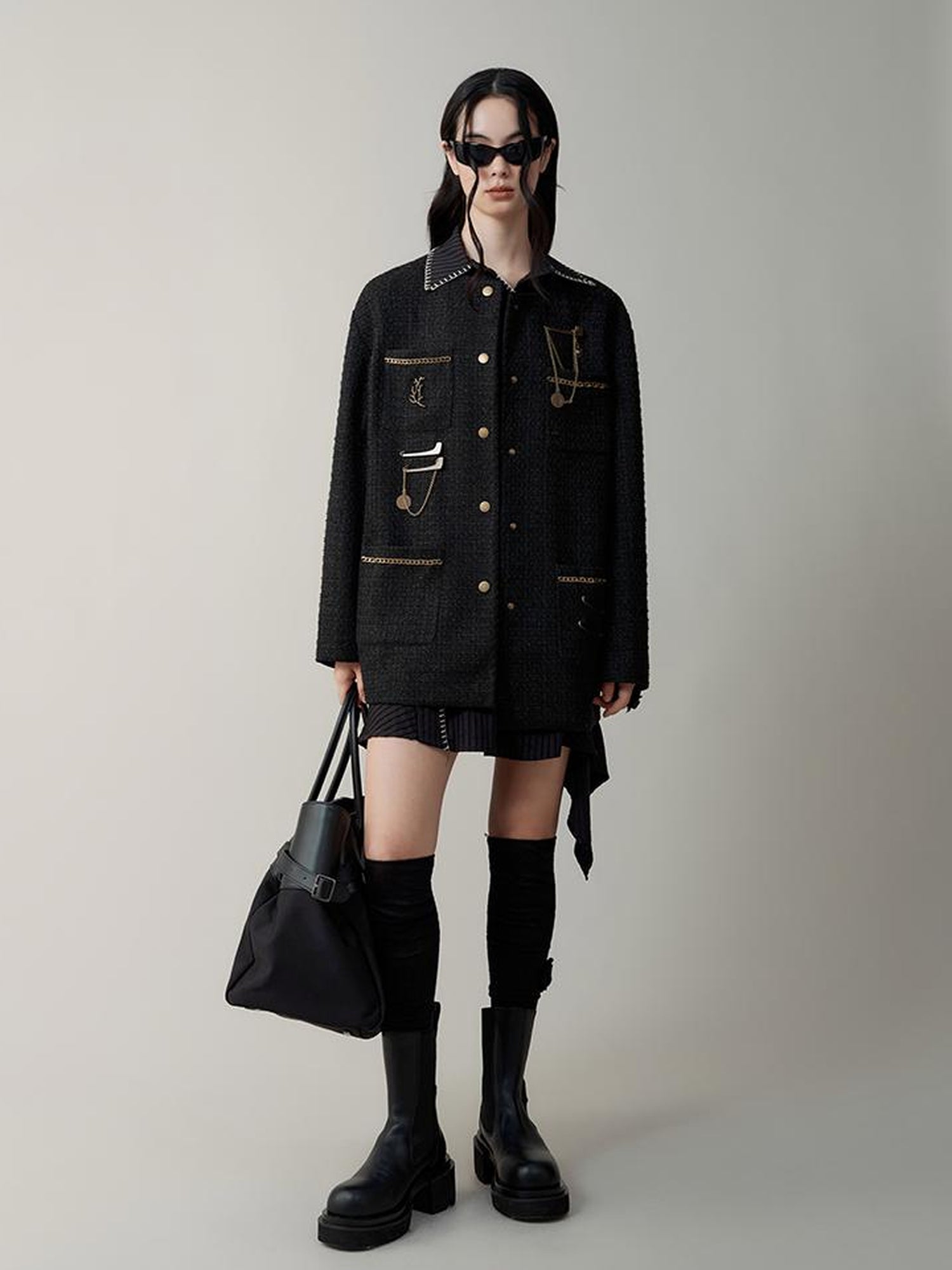 AnnoMundi Textured Tweed Oversized Blazer With Metallic Accents
