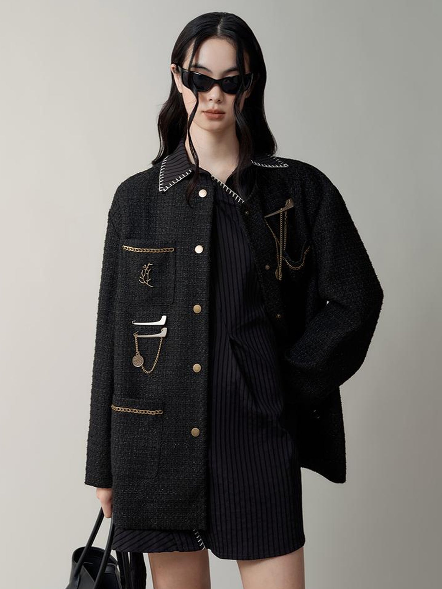 AnnoMundi Textured Tweed Oversized Blazer With Metallic Accents
